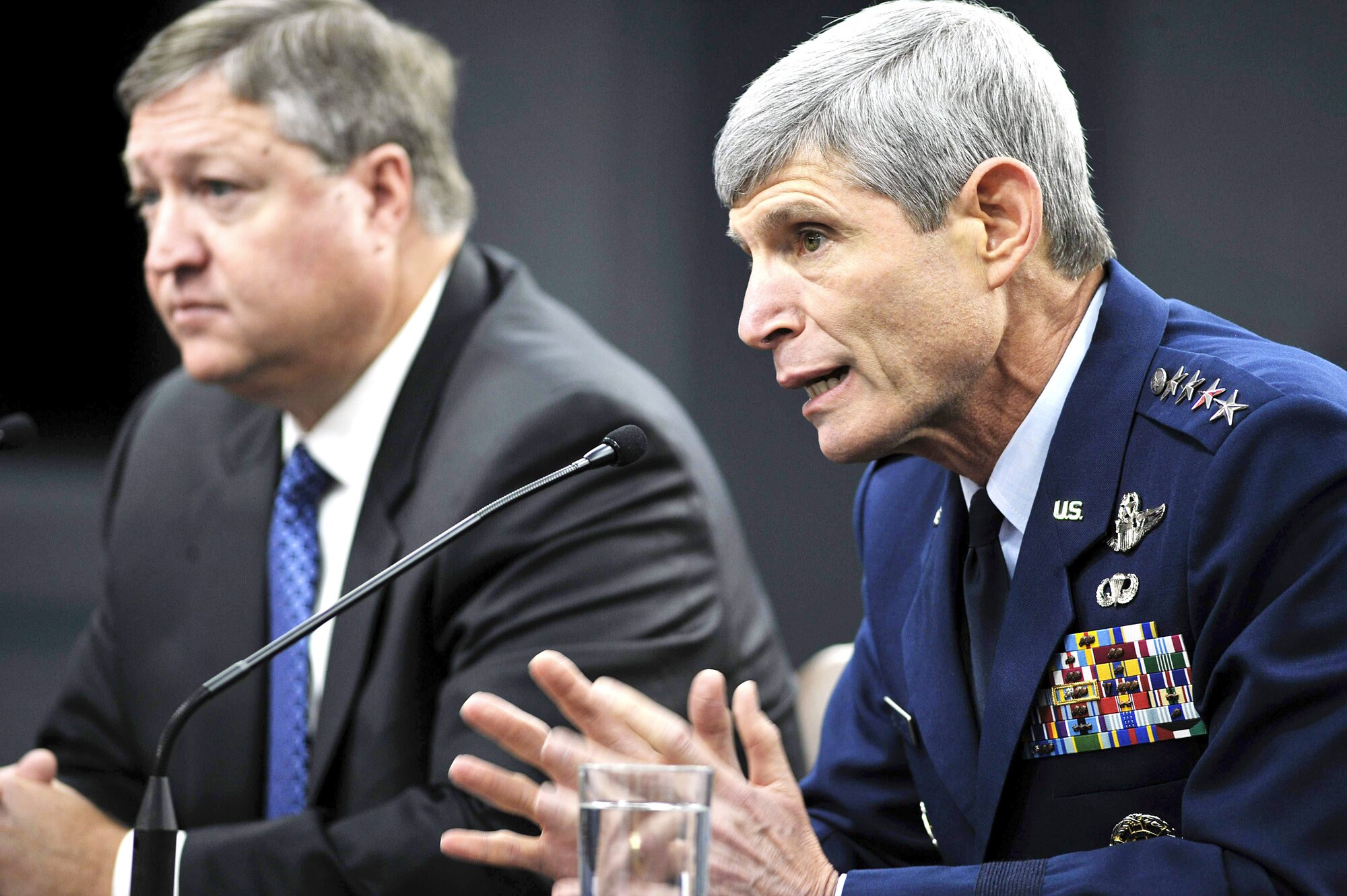 Air Force Secretary Michael B. Donley (left) and Air Force Chief of Staff Gen. Norton Schwartz answer questions at an Aug. 5 Pentagon news conference on the Air Force Global Strike Command activation. The new command, with headquarters at Barksdale Air Force Base, La., stands up Aug. 7. (U.S. Air Force photo/Scott M. Ash)