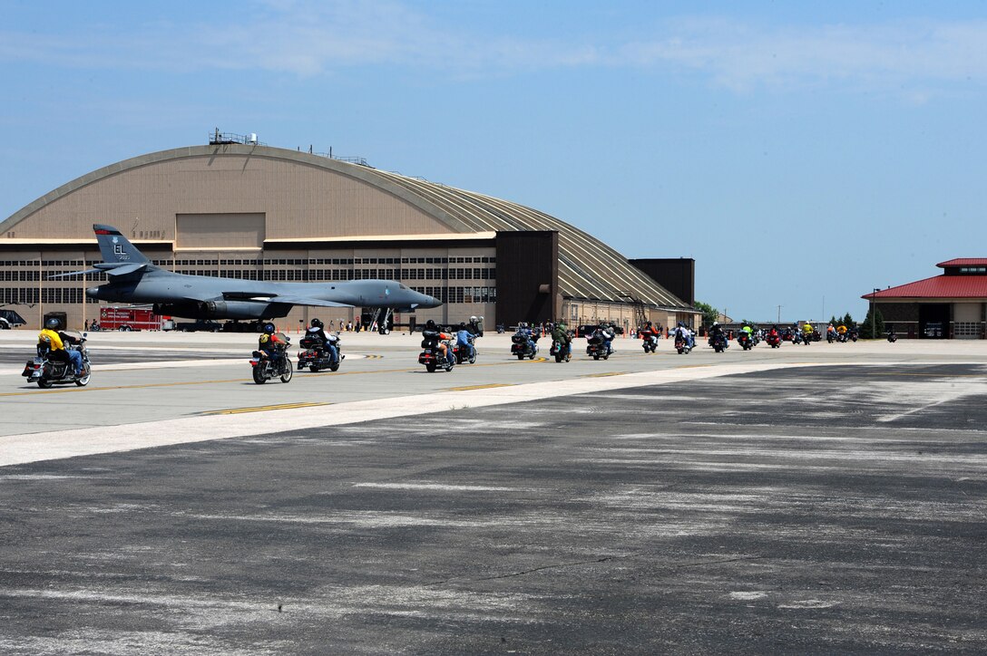 More than 400 motorcyclists leave Ellsworth's flightline  as part of the Dakota Thunder Run 2009, August 4. Motorcyclists had the opportunity to view the 28th Civil Engineer Squadron's Crash 10 fire truck, explosive ordnance disposal equipment, emergency management equipment, 28th Munitions Squadron's ammunitions and a B-1B Lancer before the ride. (U.S. Air Force photo/Senior Airman Kasey Zickmund)
