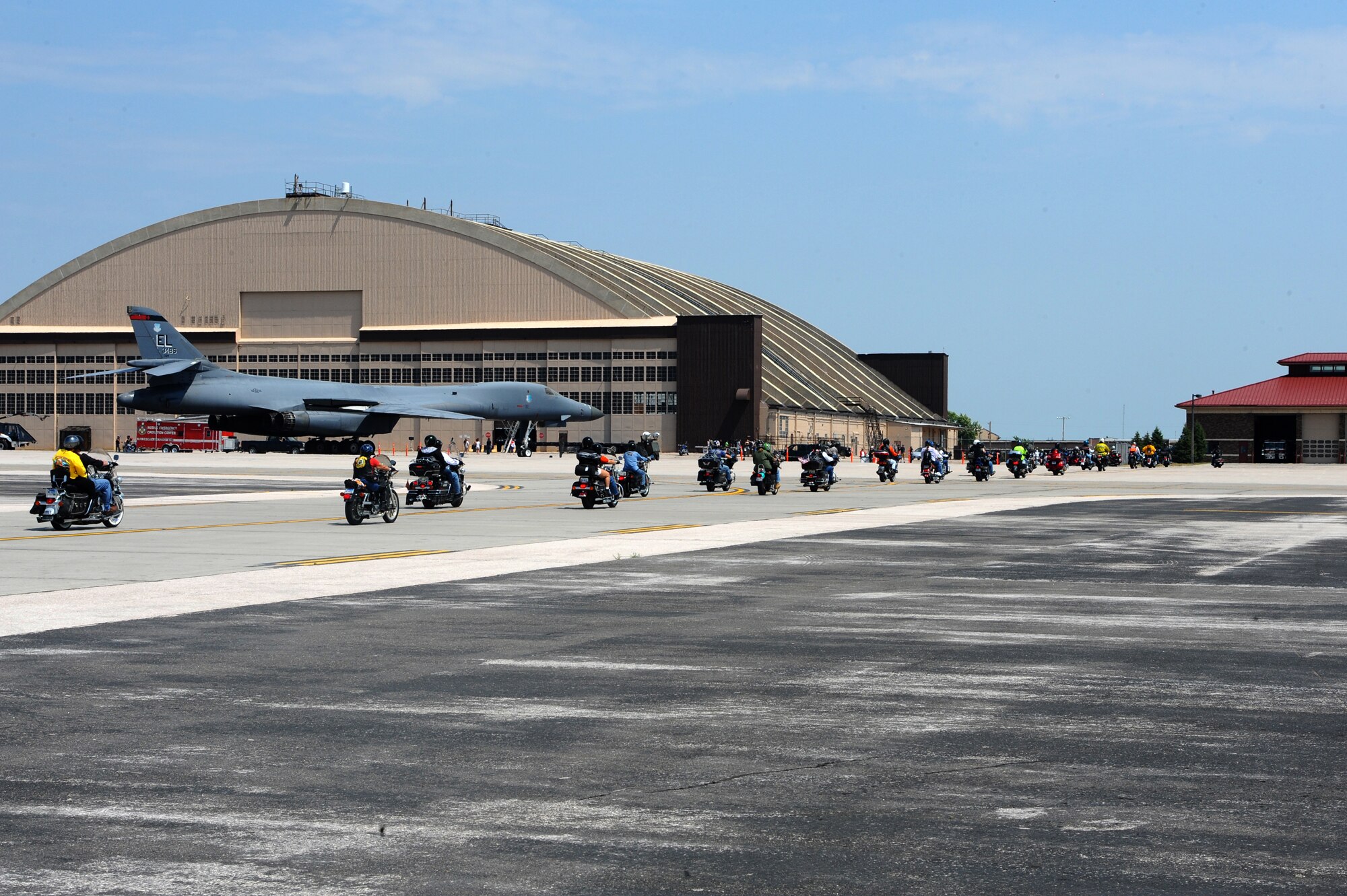More than 400 motorcyclists leave Ellsworth's flightline  as part of the Dakota Thunder Run 2009, August 4. Motorcyclists had the opportunity to view the 28th Civil Engineer Squadron's Crash 10 fire truck, explosive ordnance disposal equipment, emergency management equipment, 28th Munitions Squadron's ammunitions and a B-1B Lancer before the ride. (U.S. Air Force photo/Senior Airman Kasey Zickmund)