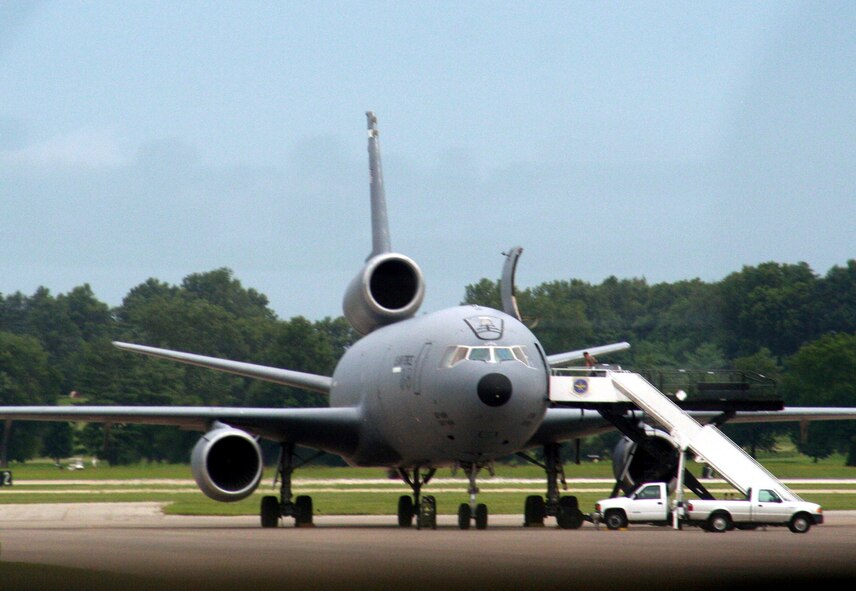 A KC-10 Extender from the 60th Air Mobility Wing, Travis Air Force Base, Calif., is being prepared for a flight back to California while stopped at Scott Air Force Base, Ill., on Aug. 3, 2009.  The KC-10 is one of Air Force's and Air Mobility Command's air refueling aircraft that helps provide global reach and the Air Force to fly, fight and win...in air, space and cyberspace.  (U.S. Air Force Photo/Tech. Sgt. Scott T. Sturkol)