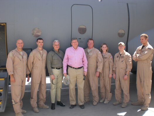 Special Envoy Richard Holbrooke was flown from Kabul to a Forward Operating Base to check on the Marines progress in the southern provinces.  From left to right: Major Brad Crabtree, Capt. Chad Bannwarth, Unkown, Special Envoy Richard Holbrooke, Master Sgt. Ron Downer, 1st Lt. Jennifer Howard, Staff Sgt. Josh Perigo, Tech. Sgt. Tyler Lingerfelt.