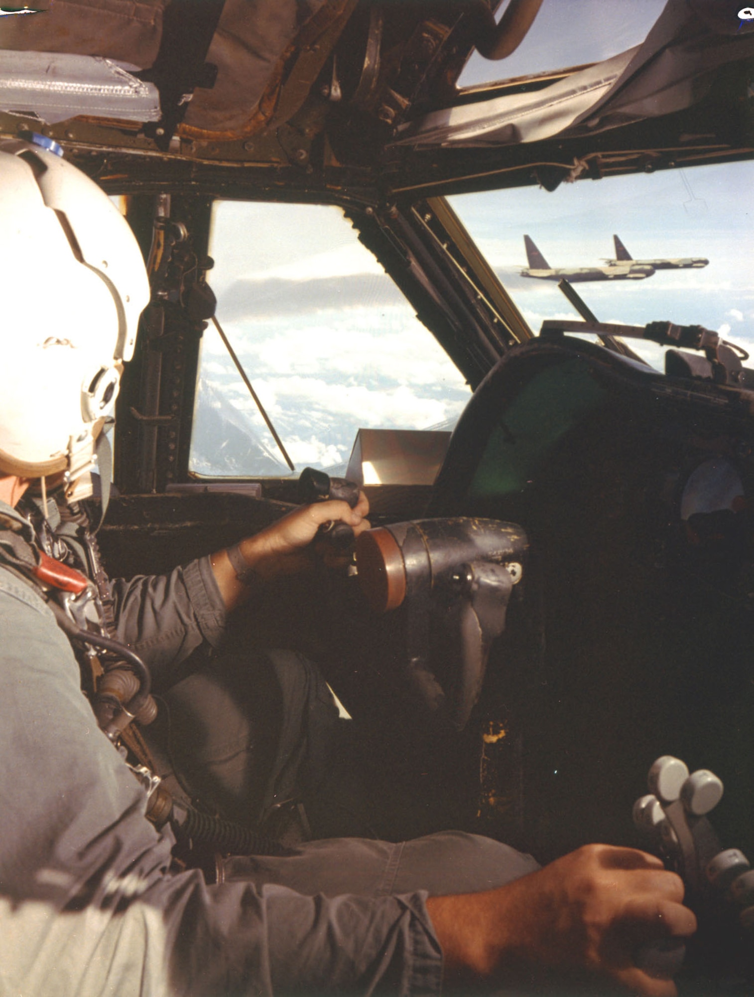 Pilot’s view of a typical, three-ship B-52 formation known as a cell. (U.S. Air Force photo)