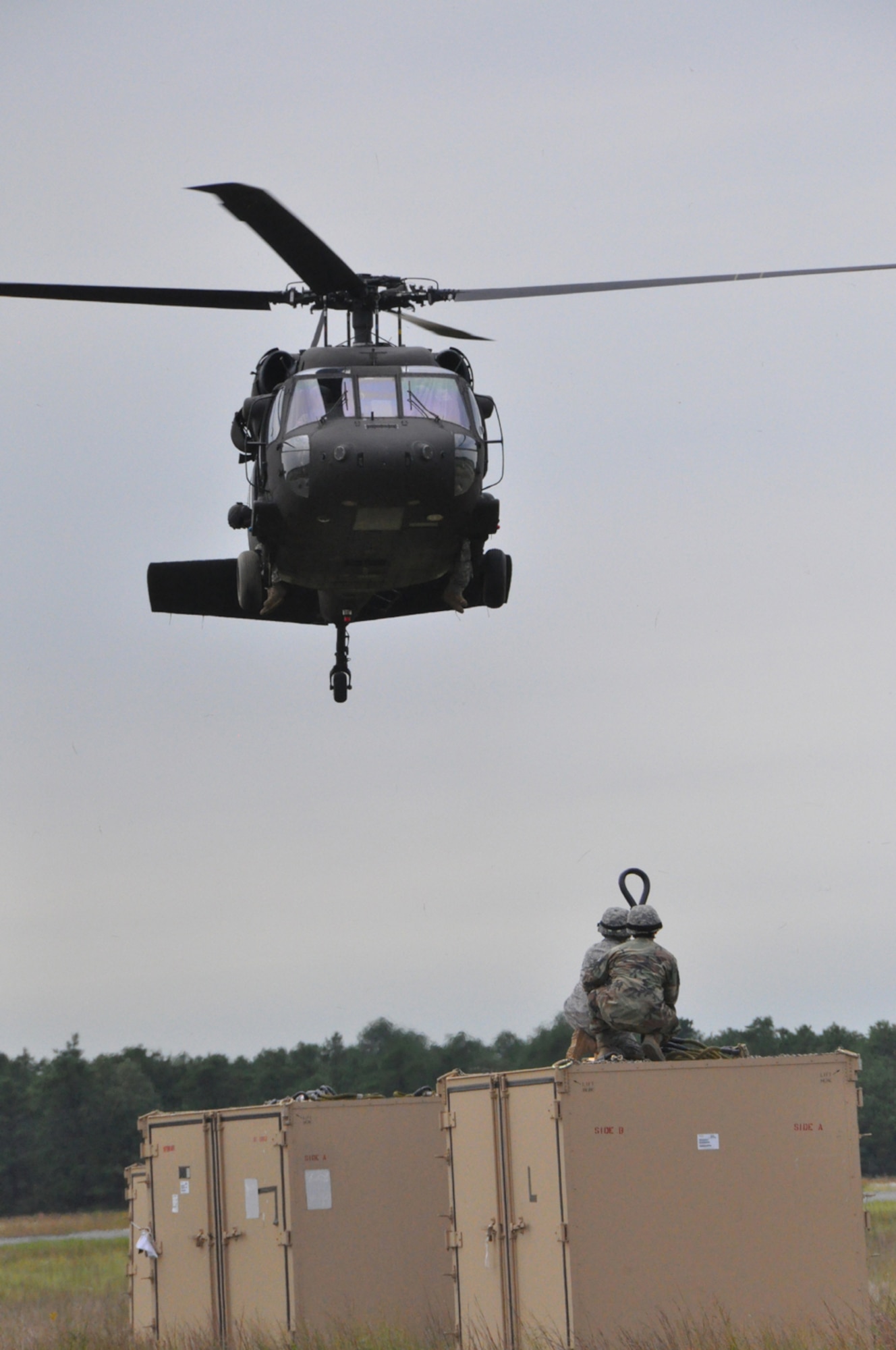 The Whirlybird: An Army UH-60 Blackhawk flys into position for a sling-load operation during EAGLE FLAG, a joint exercise hosted by the U.S. Air Force Expeditionary Center Aug. 1-9 at Lakehurst Naval Air Engineering Station. The exercise involved more than 110 Airmen from the 621st Contingency Response Wing, 50 Soldiers from the 597th Transportation Group, and 120 role players, observers and Expeditionary Center instructors. (U.S. Air Force photo/Staff Sgt. Jason Ramos)