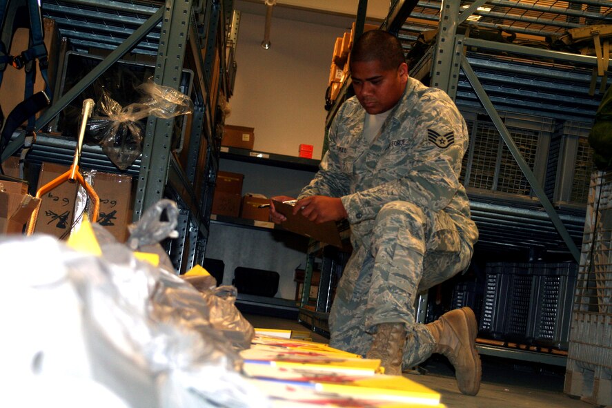 Staff Sgt. Tima Ma'o, supply craftsman for the 573rd Global Support Squadron at Travis Air Force Base, Calif., prepares some deployment kits at the unit's deployment warehouse Aug. 6, 2009.  The 573rd GSS is part of the 615th Contingency Response Wing at Travis Air Force Base, Calif.  CRWs are Air Mobility Command's quick reaction force for humanitarian relief missions and for opening air bases any where in the world.  (U.S. Air Force Photo/Tech. Sgt. Scott T. Sturkol)