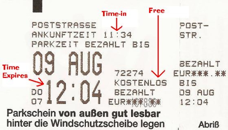 SPANGDAHLEM AIR BASE, Germany -- This example of a parking ticket shows the date and time of expiration for free parking. Similar tickets are used for paid parking. (Courtesy graphic)