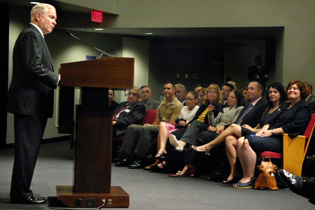 Defense Secretary Robert M. Gates gives opening remarks during a welcoming ceremony for three newly appointed senior department officials at the Pentagon, Aug. 10, 2009. The officials are: Zachary J. Lemnios, director, Defense Research and Engineering; Wallace C. Gregson, assistant defense secretary for Asian and Pacific Security Affairs; and Paul N. Stockton, assistant defense secretary for Homeland Defense and Americas' Security Affairs.