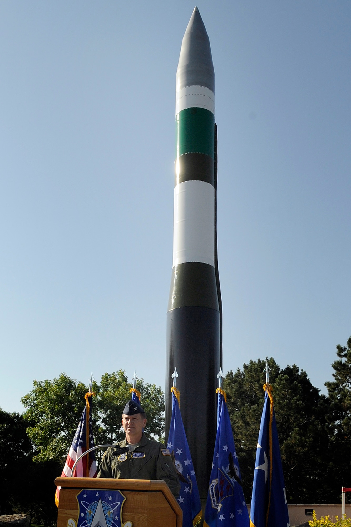 Col. Wayne Monteith, 21st Space Wing vice commander, dedicates the Minuteman III ICBM Aug. 11 at Peterson. The display marks 50 years of deterrence and is a symbol that represents the dedication to perfection of all the servicemembers who have served over the past 50 years in defense of the United States. (U.S. Air Force photo by Rob Bussard)