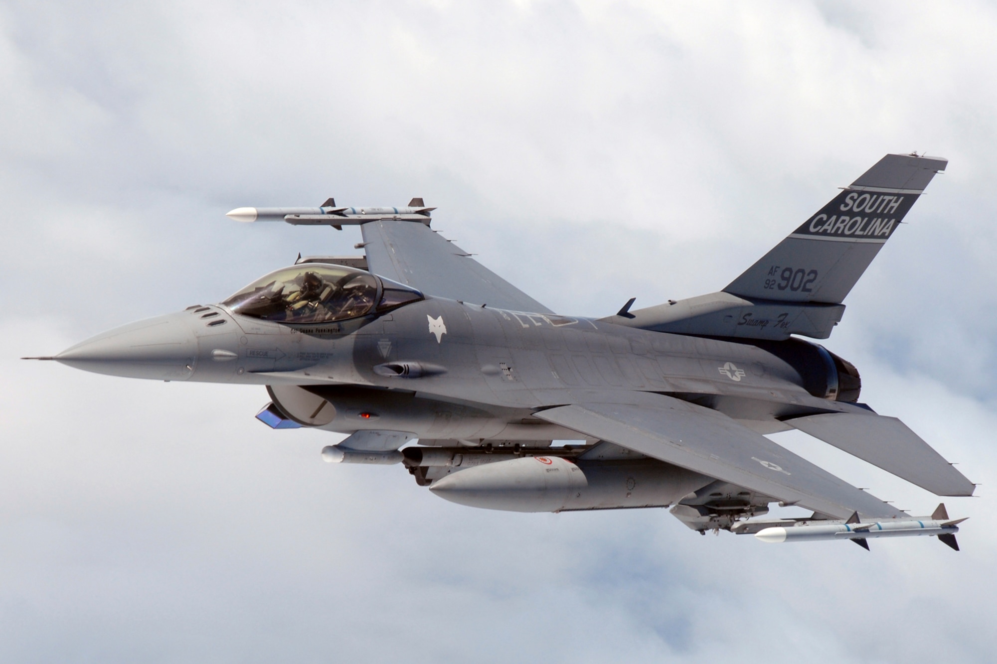 F-16 pilot from the 169th Fighter Wing, South Carolina Air National Guard flies a training mission in the KIWI MOA airspace over the cost of North Carolina Cost . (U.S. Air Force photo SMSgt Thomas Meneguin)