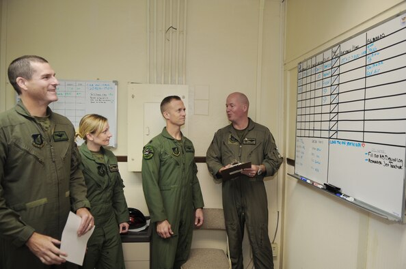 Lt. Col. Mark Snowden (right), gives a pre-flight briefing to (left to right) Maj. Clay Johnson, Capt. Elizabeth Friebel and Lt. Col. Hubie Hegtvedt Aug. 7 at Andersen Air Force Base, Guam. The pilots are deployed here to support U.S. Pacific Command's theater security package mission in the Asia-Pacific region. Colonel Snowden is the 525th Expeditionary Fighter Squadron assistant director of operations. Major Johnson is the 302nd Fighter Squadron chief of training. Captain Friebel is the 525th EFS chief of training. Colonel Hegtvedt is the 302nd Fighter Squadron commander. (U.S. Air Force photo/Senior Airman Christopher Bush)
