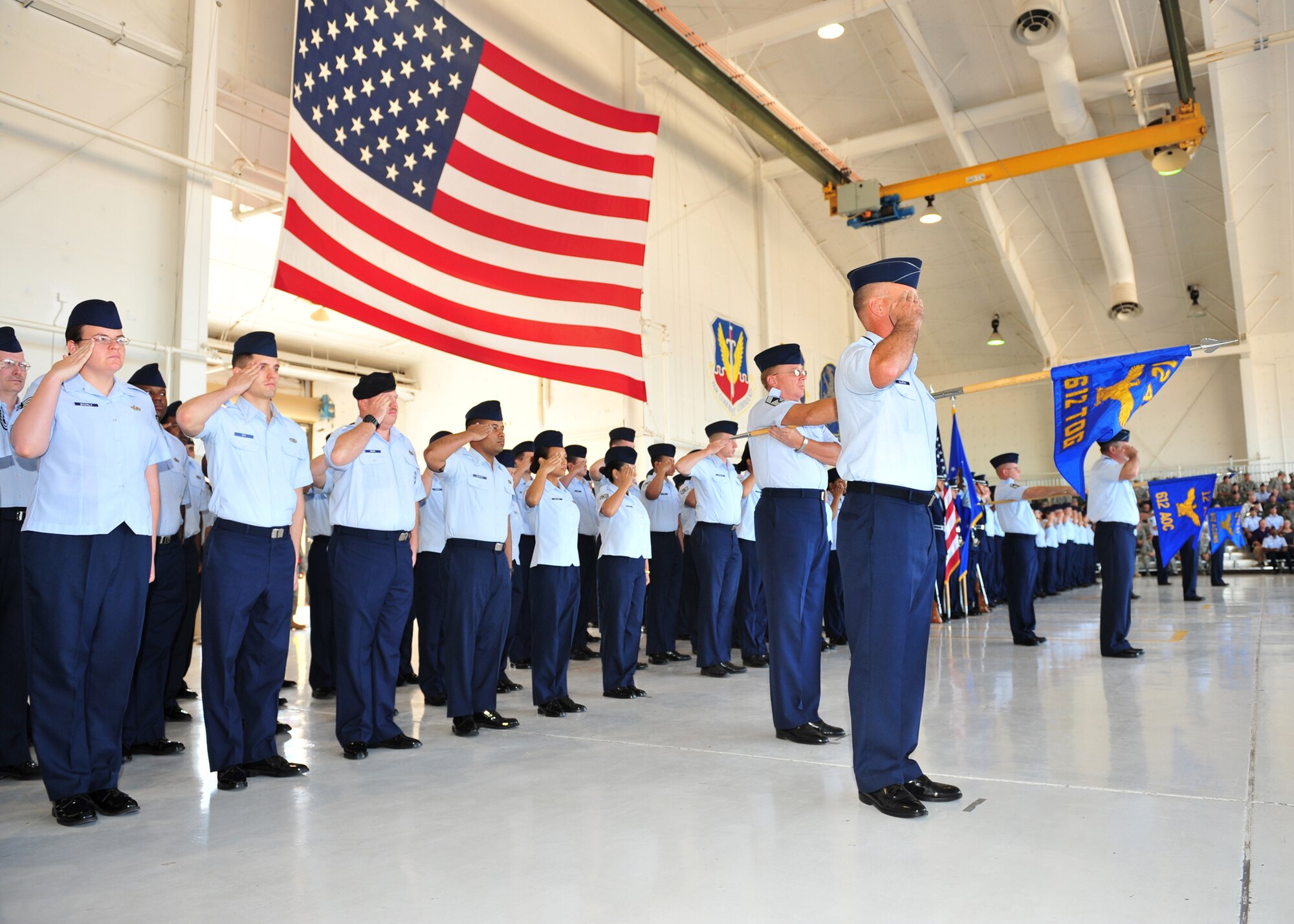 DAVIS-MONTHAN AIR FORCE BASE, Ariz. -- Airmen of 12th Air Force (Air Forces Southern) render their first salute to Lt. Gen. Glenn Spears during a change of command ceremony here Aug 7. General Spears assumed command of the unit from Lt. Gen. Norman Seip.  (U.S. Air Force photo by Senior Airman Noah Johnson)