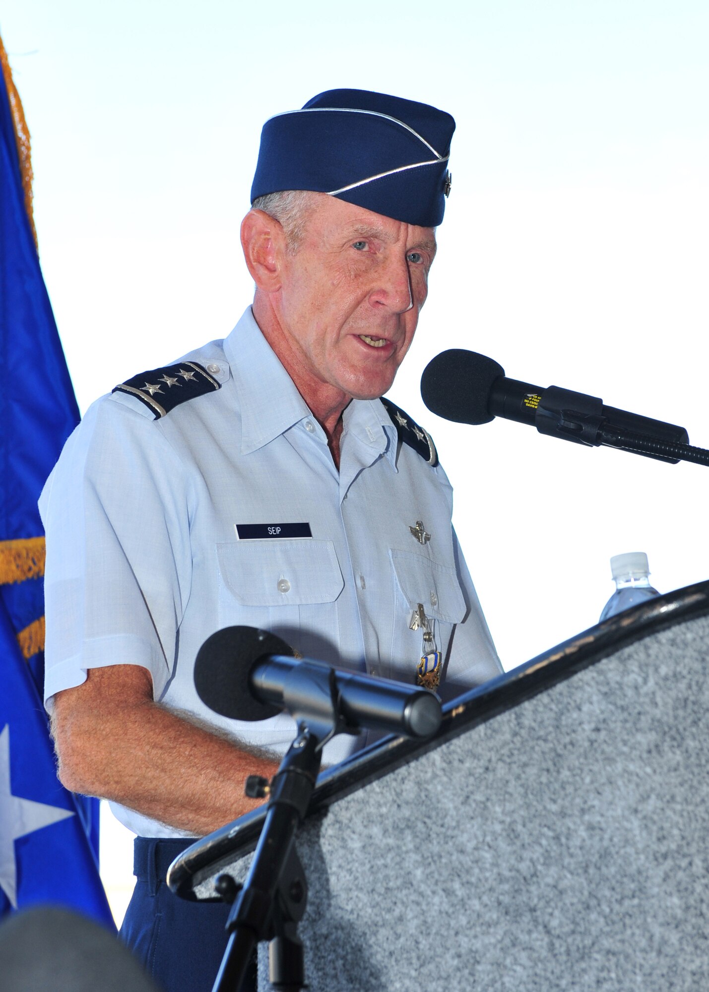 DAVIS-MONTHAN AIR FORCE BASE, Ariz. -- Lt. Gen. Norman Seip delivers his final address to the men and women of 12th Air Force (Air Forces Southern) during a change of command ceremony here Aug 7. Lt. Gen. Glenn Spears assumed command of the unit.  (U.S. Air Force photo by Senior Airman Noah Johnson)