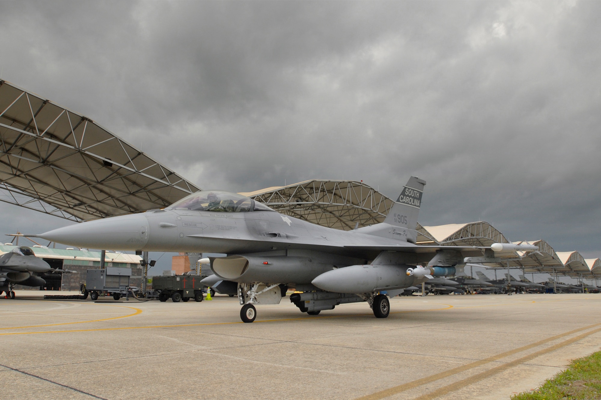 Jets assigned to the 157th Fighter Squadron, South Carolina Air National Guard prepares for takeoff during a Phase II Operational Readiness Evaluation (ORE). The Phase II ORE evaluates a unit?s ability to launch missions while in a chemical warfare environment. The 169th is home of the Swamp Foxes of the South Carolina Air National Guard. (USAF Photo by MSgt Marvin R. Preston)