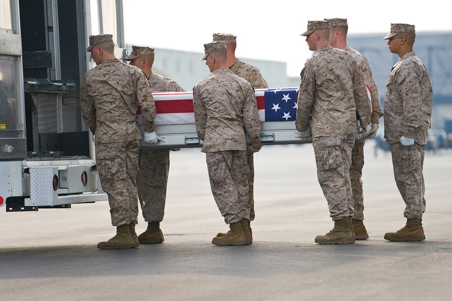 A U.S. Marine Corps carry team transfers the remains of Marine Corps Captain Matthew C. Freeman, of Richmond Hill, Ga., at Dover Air Force Base, Del., August 8. Captain Freeman was assigned to Marine Aircraft Group 36, 1st Marine Aircraft Wing, III Marine Expeditionary Force, Okinawa, Japan. (U.S. Air Force photo/Roland Balik)