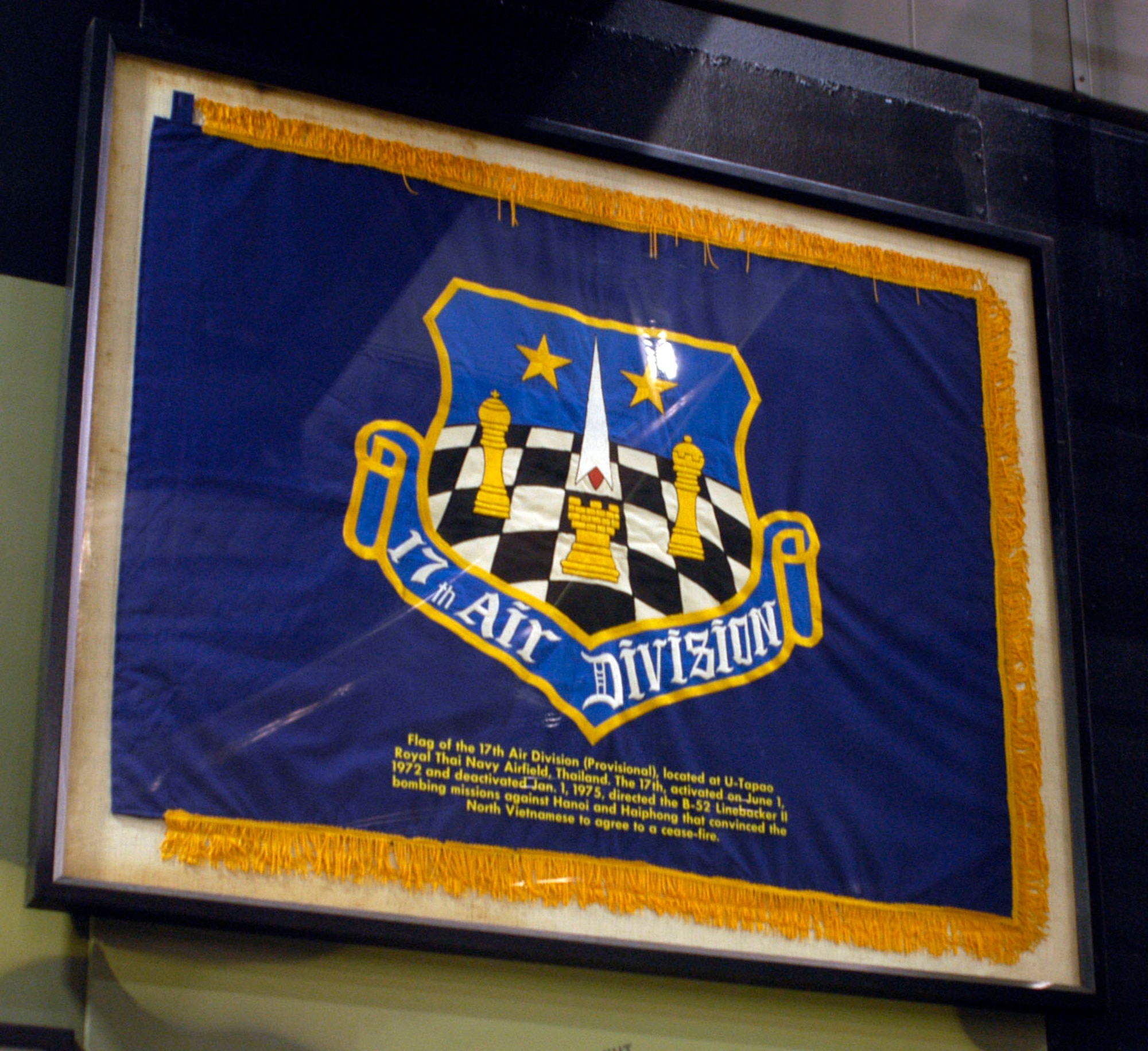 DAYTON, Ohio - Flag of the 17th Air Division (Provisional), located at U-Tapao Royal Thai Navy Airfield, Thailand. The 17th, activated on June 1,1972, and deactivated Jan. 1, 1975, directed the B-52 Linebacker II bombing missions against Hanoi and Haiphong that convinced the North Vietnamese to agree to a cease-fire. The flag is on display in the Southeast Asia War Gallery at the National Museum of the U.S. Air Force. (U.S. Air Force photo)