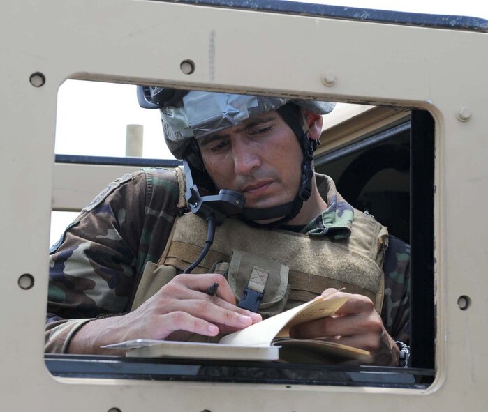 Technical Sgt. Dax Keehu, 14th Air Support Operations Squadron joint tactical air control party specialist, Pope Air Force Base, relays coordinates to an F-15E Strike Eagle pilot during a training evaluation at the Dare County Bomb Range, N.C., August 4, 2009. Joint tactical air control party specialists are evaluated every 12 to 17 months to remain qualified. (U.S. Air Force photo by Airman 1st Class Gino Reyes)