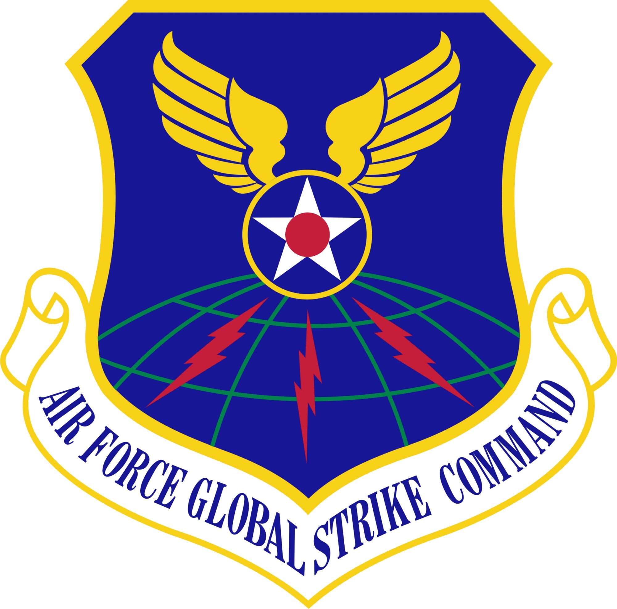 The  globe reflects the command’s global capabilities. The golden wings represent the dominance in the air and reflect our lineage to the Army Air Corps strategic bombing campaigns of World War II. The blue field alludes to the sky, the primary domain of the Air Force. The Hap Arnold Star, taken from the only common elements of the 8th Air Force and 20th Air Force emblems, represents clarity of purpose to maintain readiness and deter adversaries.  The red disc symbolizes past and present Airmen who have made individual sacrifices to achieve mission goals. The lightning flashes, taken from the Strategic Air Command emblem, are symbolic of speed and power, represent our warfighting mission, should deterrence fail. 

