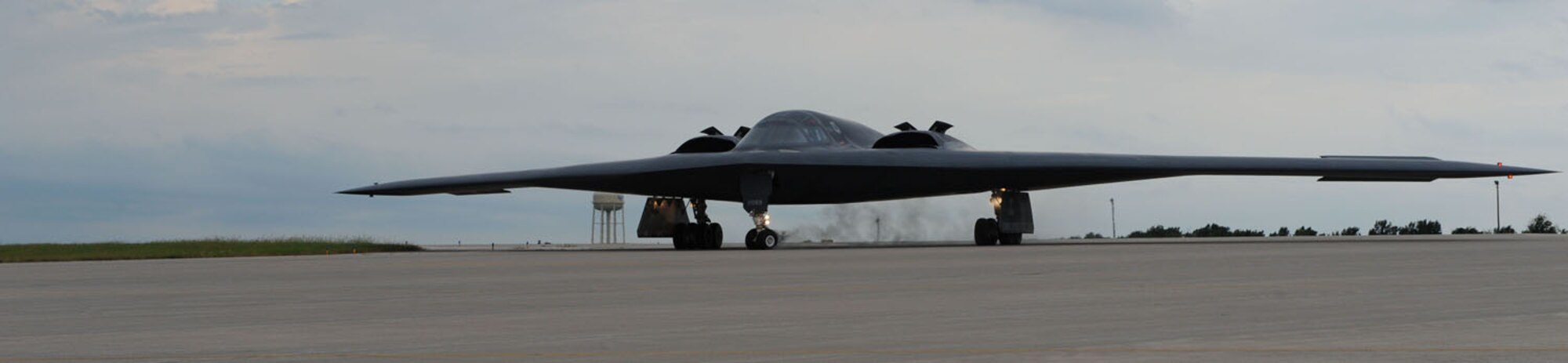 WHITEMAN AIR FORCE BASE, Mo.  – A B-2, the Spirit of Indiana, applies the front wheel brakes as it rotates around to taxi out to the runway from the North ramp during the Nuclear Operational Readiness Exercise, Aug.10.  A “Beast Walk” is performed in the closing of this exercise. (U.S. Air Force photo/Airman 1st Class Carlin Leslie)