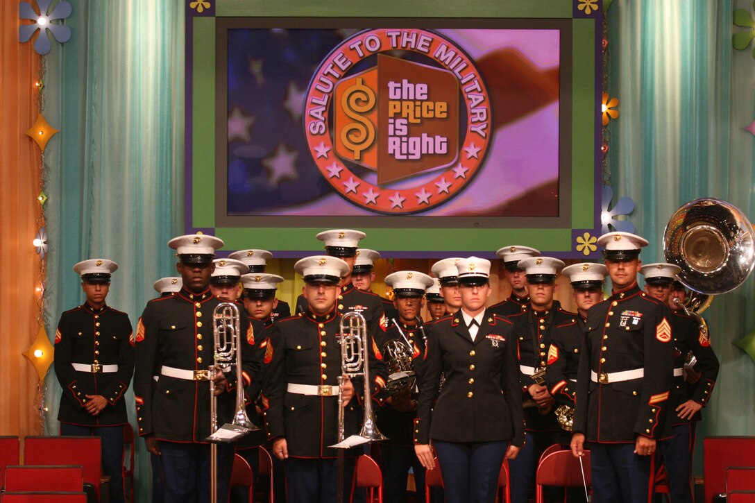 Marines from the 3rd Marine Aircraft Wing Band performed for a second time, during the Veterans Day "Salute to the Military" episode of CBS's "The Price is Right," Aug. 11, in Los Angeles. The Marines played each branch's song when a service member won a prize on the show.  (Official U.S. Marine Corps photo by Cpl. Christopher O'Quin)