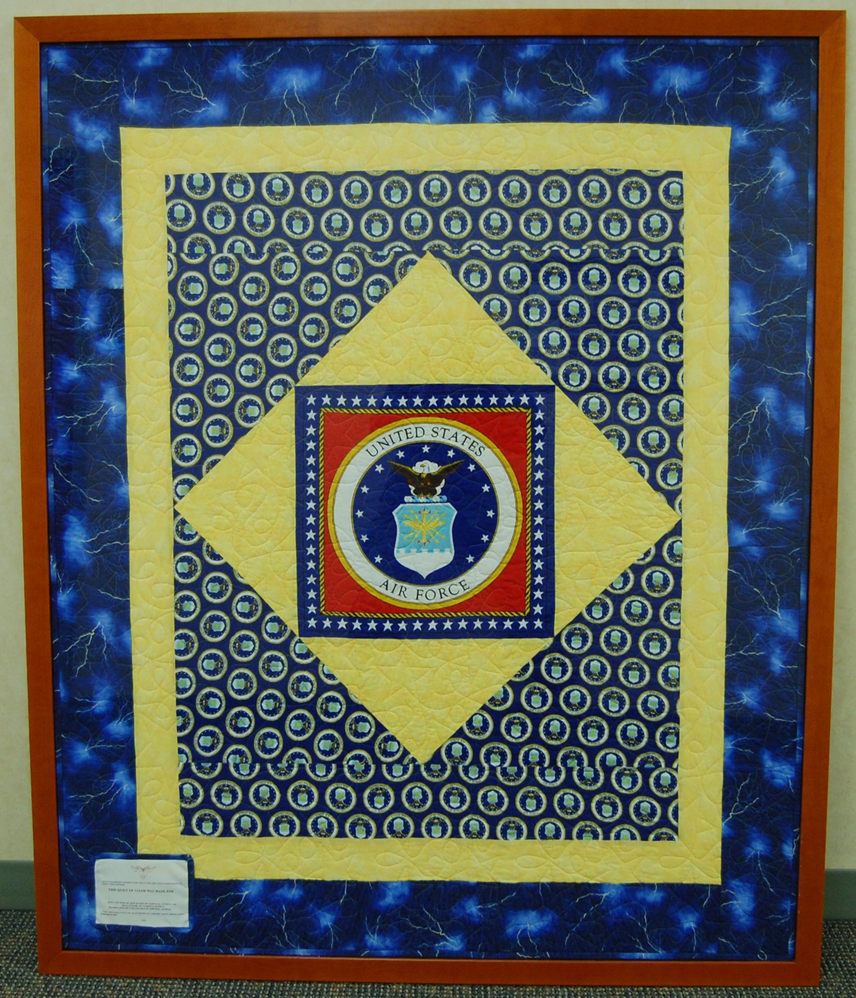 Quilters from Valdosta and Norcross, Ga., made this Quilt of Valor in 2009 for the Air Force Mortuary Affairs Operations Center located at Dover A.F.B., Del. The framed quilt is on the wall of the center's main hallway (U.S. Air Force photo/Master Sgt. Robert Jones)