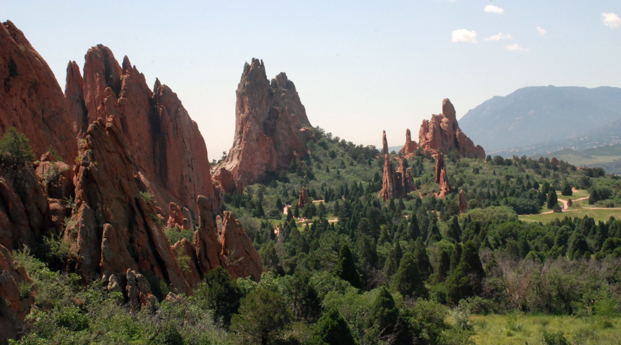 The sandstone spires shown here earned this region just west of Colorado Springs the name "Garden of the Gods" shortly after it was discovered in 1859. Today, Garden of the Gods park receives more than 1.7 million visitors per year to its nature trails and visitor center. (U.S. Air Force photo/Ann Patton)