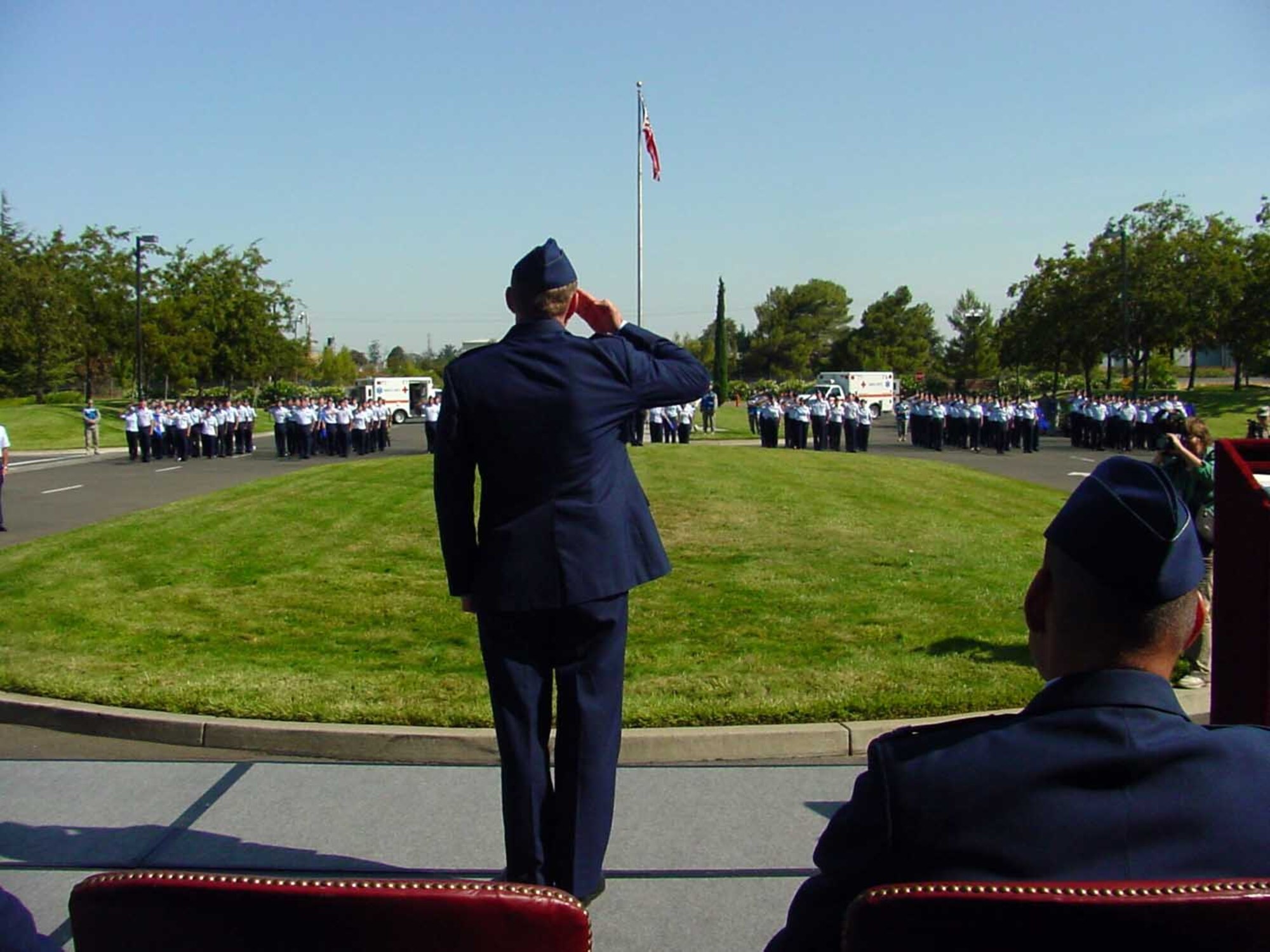 Dr. (Col.) Brian Hayes, 60th Medical Group commander, renders a salute to members of the 60th MDG during the group's change-of-command ceremony Aug. 7 at David Grant USAF Medical Center. (U.S. Air Force photo/Jim Spellman)