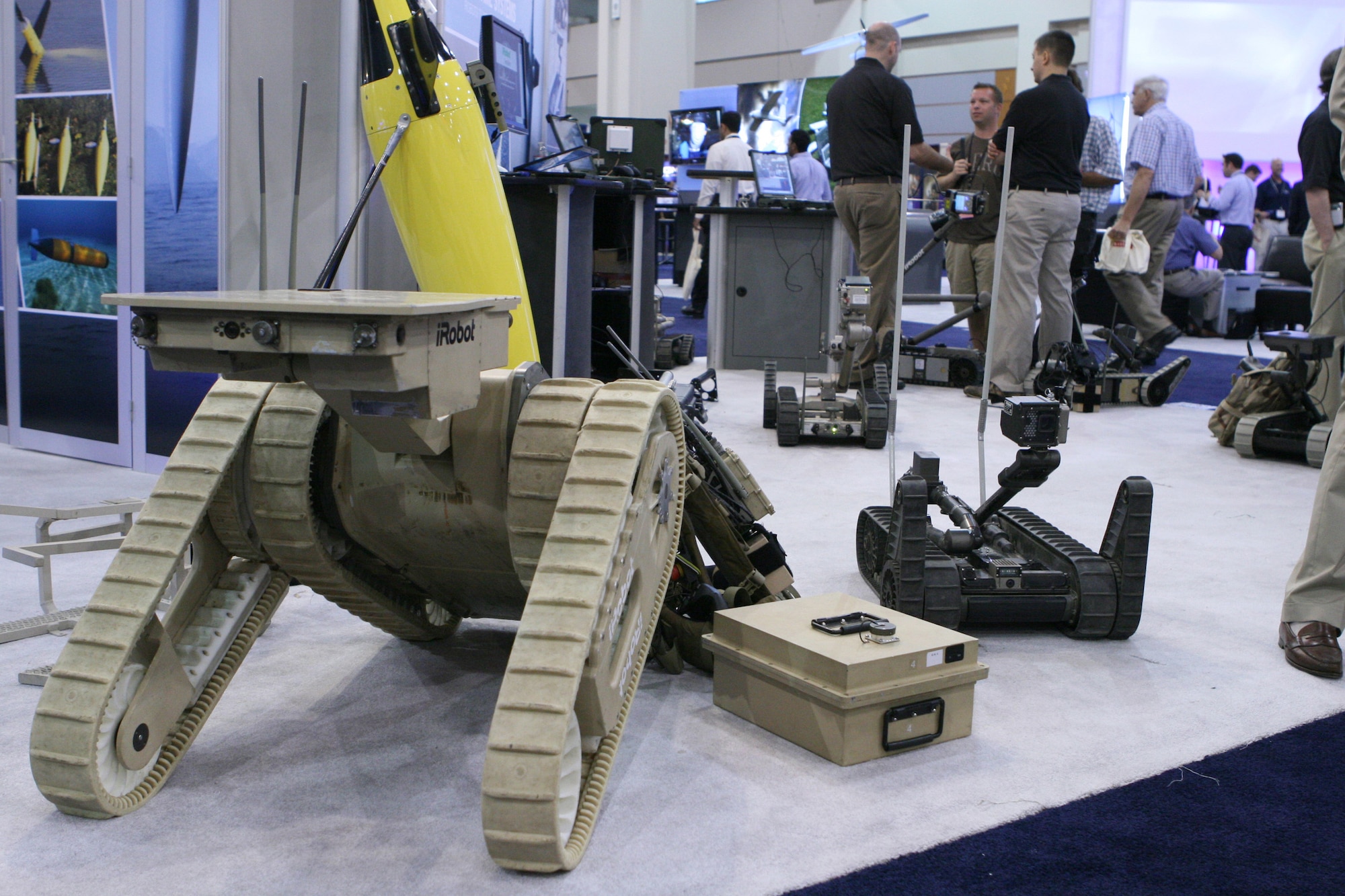 Unmanned robotic surveillance and bomb detection systems are displayed during the Association for Unmanned Vehicle Systems International Unmanned Systems North America 2009 Convention Aug. 11 at the Washington, D.C., Convention Center. More than 5,000 people attended the four day conference and exhibit to see the more than 320 unmanned aerial, maritime and ground systems on display. (Defense Department photo/Army Sgt. 1st Class Michael J. Carden)