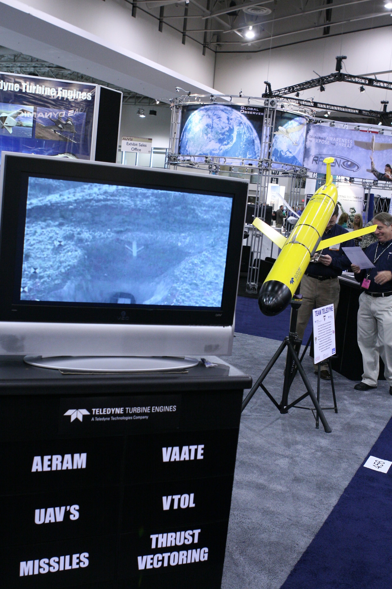 An unmanned maritime surveillance system is displayed during the Association for Unmanned Vehicle Systems International Unmanned Systems North America 2009 Convention Aug. 11 at the Washington, D.C., Convention Center. More than 5,000 people attended the four day conference and exhibit to see the more than 320 unmanned aerial, maritime and ground systems on display. (Defense Department photo/Army Sgt. 1st Class Michael J. Carden) 