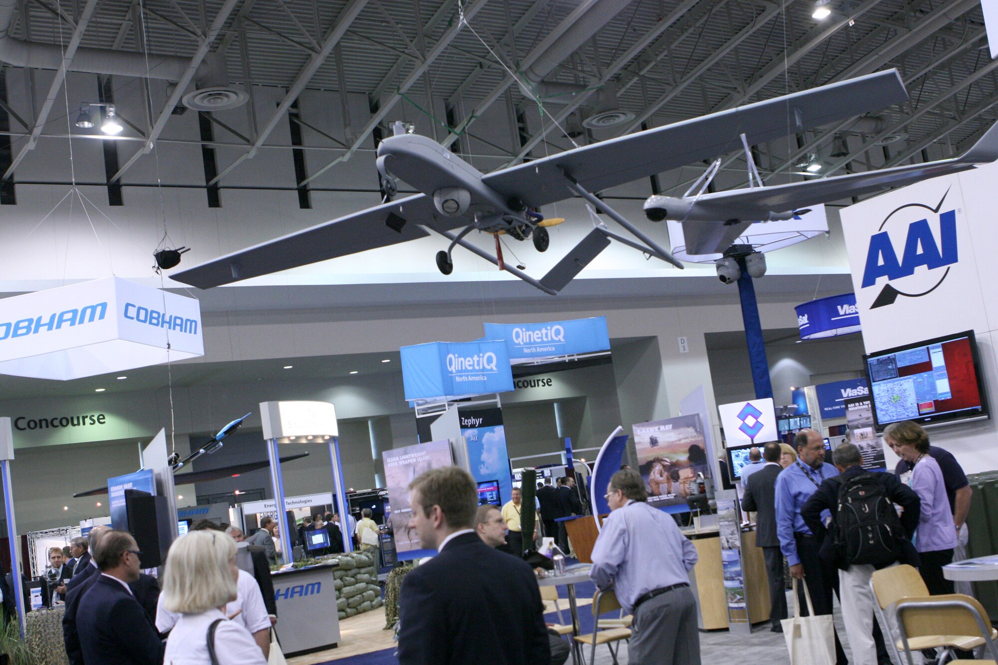 An unmanned aircraft surveillance system is displayed during the Association for Unmanned Vehicle Systems International Unmanned Systems North America 2009 Convention Aug. 11 at the Washington, D.C., Convention Center. More than 5,000 people attended the four-day conference and exhibit to see the more than 320 unmanned aerial, maritime and ground systems on display. (Defense Department photo/Army Sgt. 1st Class Michael J. Carden) 
