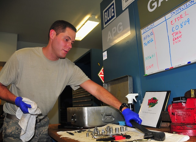 Senior Airman Brad Chambers performs a rust removal inspection of a tool kit at the Viper support section here Aug. 12. The Viper support section maintains, inspects and accounts for more than 1,000 various pieces of support equipment, providing Charleston AFB maintenance units the tools they need to keep aircraft flying. Airman Chambers is a flightline support specialist with the 437th Aircraft Maintenance Squadron.