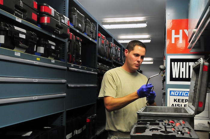 Senior Airman Brad Chambers inspects a speed handle during a rust removal inspection of a tool kit at the Viper support section here Aug. 12. The Viper support section performs inspections on more than 1,000 various pieces of support equipment every 30 to 60 days as required to continually provide mission-ready tools for Charleston aircraft maintainers. Airman Chambers is a flightline support specialist with the 437th Aircraft Maintenance Squadron.