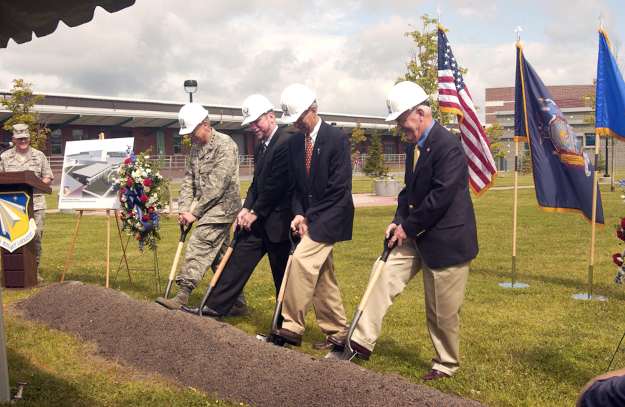 Gen. Donald Hoffman, Air Force Materiel Command commander, Dr. Davy Belk, AFRL Information Directorate director and former directors Dr. Donald Hanson and Mr. Raymond Urtz break ground on a BRAC MILCON project groundbreaking at Rome Research Site, NY.  The $10.25 million contract will add 28,000 square-feet to the exsisting Information Directorate complex and additionally alter approximately 18,600 square-feet to accommodate new laboratory and support facilities in support of the Information Directorate’s scientific and technical mission. 