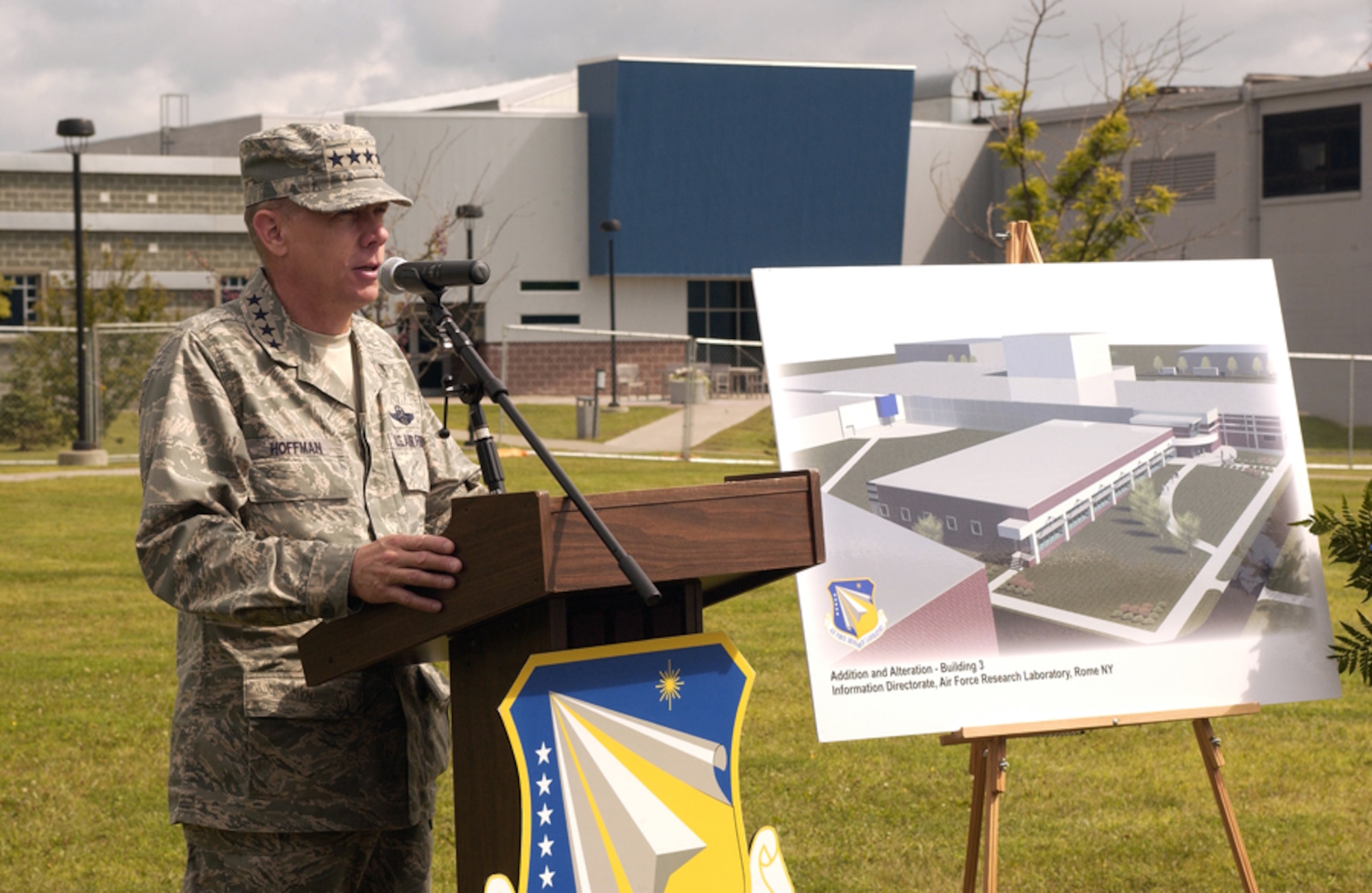 Gen. Donald Hoffman, Air Force Materiel Command commander,  provides opening remarks during a BRAC MILCON project groundbreaking at Rome Research Site, NY.  The $10.25 million contract will add 28,000 square-feet to the exsisting Information Directorate complex and additionally alter approximately 18,600 square-feet to accommodate new laboratory and support facilities in support of the Information Directorate’s scientific and technical mission. 