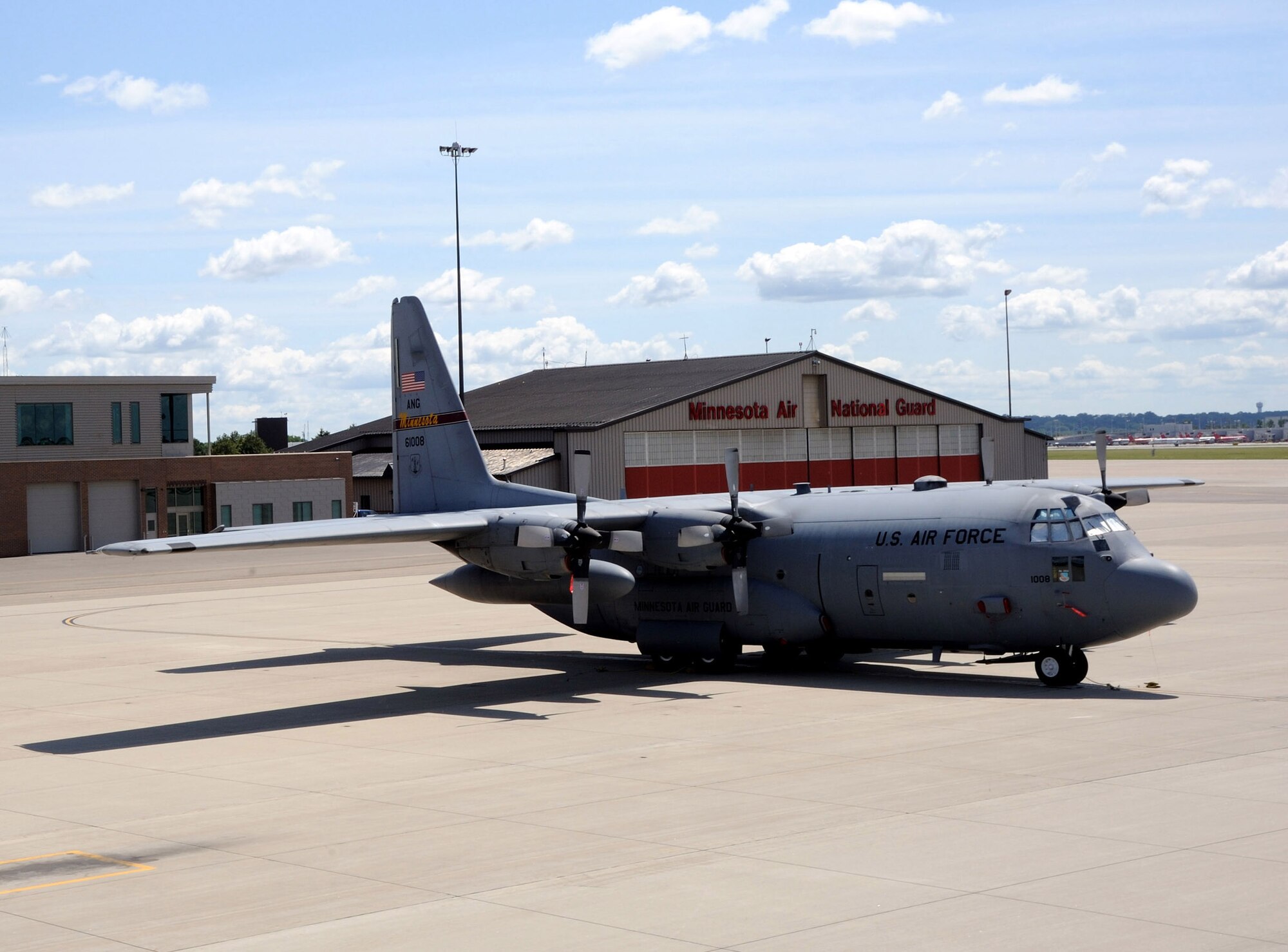 A C-130 Hercules from the 133rd Airlift Wing, Minnesota Air National Guard, sits on the tarmac at the Minneapolis St. Paul International Airport October 4, 2009.The C-130 Hercules primarily performs the tactical portion of the airlift mission. The aircraft is capable of operating from rough, dirt strips and is the prime transport for air dropping troops and equipment into hostile areas. 
United States Air Force photo by Tech Sgt Erik Gudmundson (Released)

