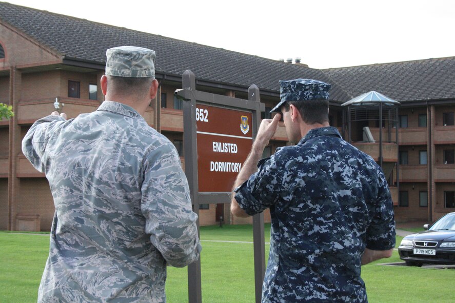 RAF ALCONBURY - Navy Fleet Master Chief Roy Maddocks, Jr. visits the enlisted dormitories here Aug. 11. His visit of wing facilities provided him an out look on what shape the facilities are in at the 501st Combat Support Wing. Fleet Master Chief Maddocks is the U.S. European Command's Senior Enlisted Leader.