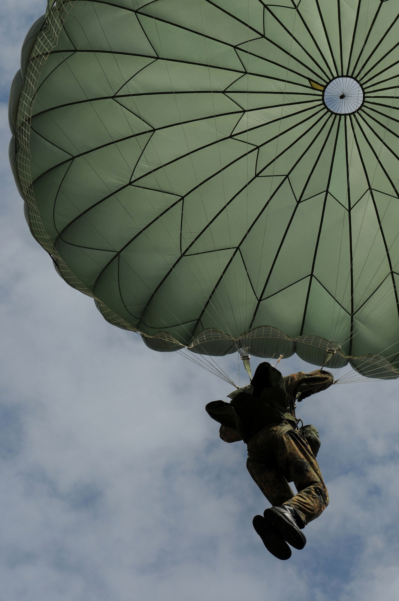German Army soldier Christian Schlueter parachutes onto Bunker drop zone in southwestern, Germany on Aug. 13, 2009. U.S. soldiers and airmen performed combined airborne drop with four other NATO countries. German, Italian, Belgium, and Dutch army attended the airborne drop during NATO Jump Week. (U.S. Air Force photo by Airman 1st Class Grovert Fuentes-Contreras)