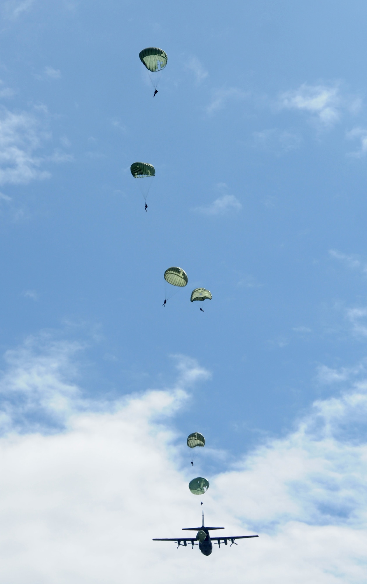 U.S. Forces along with four NATO countries parachute over Bunker drop zone in southwestern, Germany on Aug. 13, 2009. U.S. soldiers and airmen performed a combined airborne jump with four other NATO countries. German, Italian, Belgium, and Dutch army attended the airborne jump during NATO Jump Week. (U.S. Air Force photo by Airman 1st Class Grovert Fuentes-Contreras)