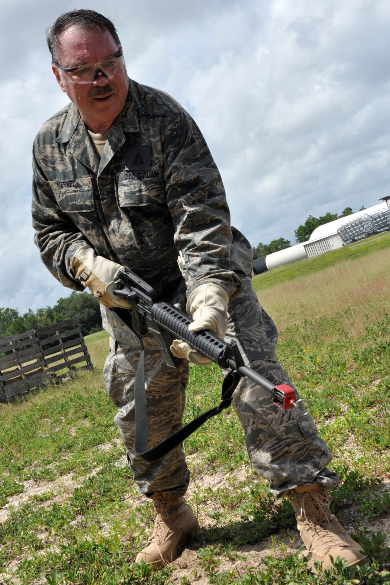 EGLIN AIR FORCE BASE, Fla. -- Dr. Charles Merkel, 53rd Wing historian, endures Combat Skills Training before deploying to Kandahar, Afghanistan, in September to "fill in" as historian for the 451st Expeditionary Wing for approximately five months. 
The "Doc" is a retired Army major with 20 years of military service who also served in the Vietnam War.  The historian said knows what to expect being a member of a military unit deployed overseas. (U.S. Air Force photo/ Airman Anthony Jennings)