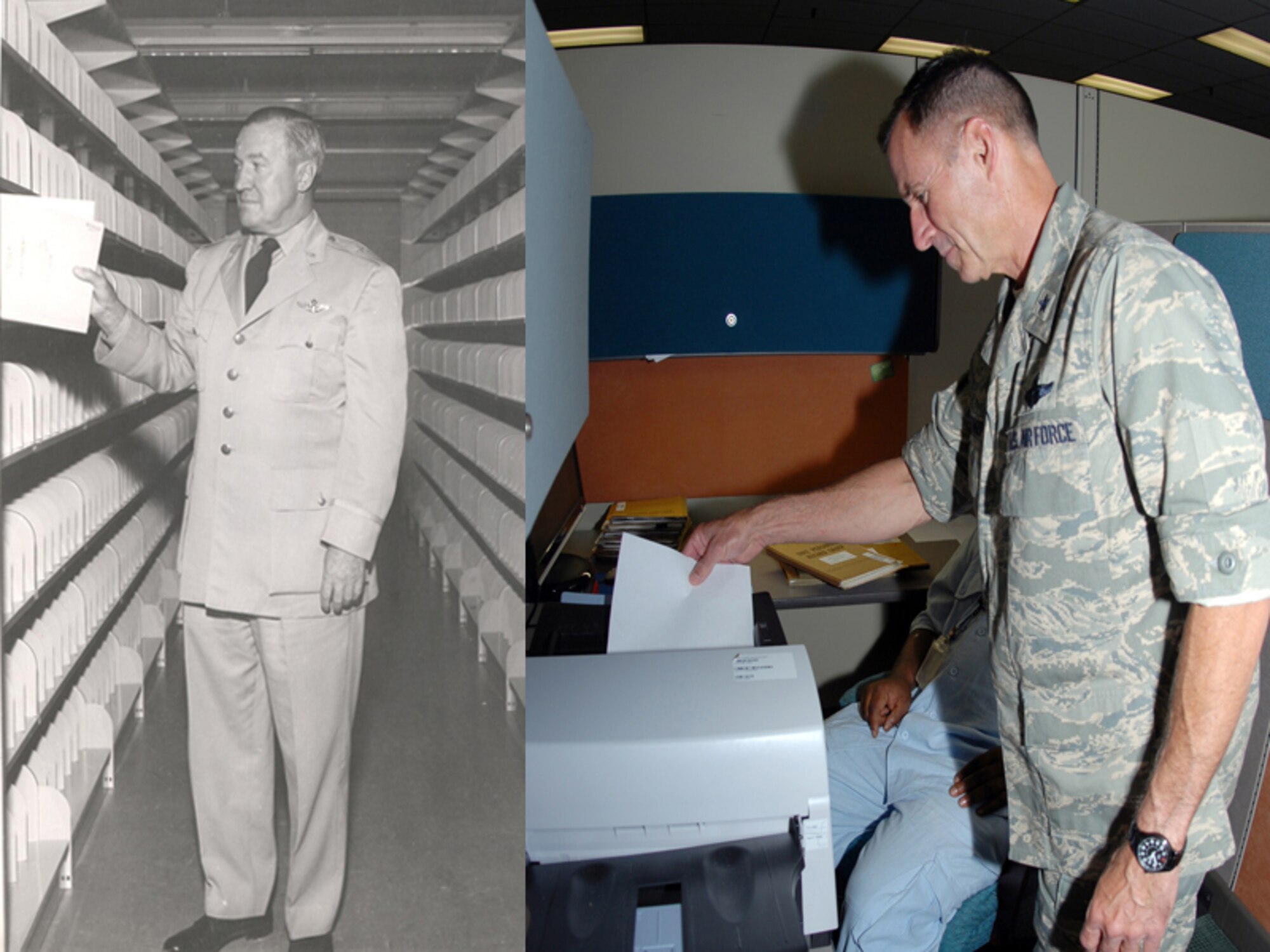 Brig. Gen. W.C. Morse, left, enters the first master personnel record in the open shelf files at the Air Reserve Records Center in Denver in 1957. Fifty-two years later, Brig. Gen. Kevin E. Pottinger, right, scans one of the last Air Force Reserve unit personnel records at the Air Reserve Personnel Center. Contract employees in ARPC converted the last unit personnel record group to an electronic record Aug. 4, 2009. (U.S. Air Force photo illustration/Eric Valdez)