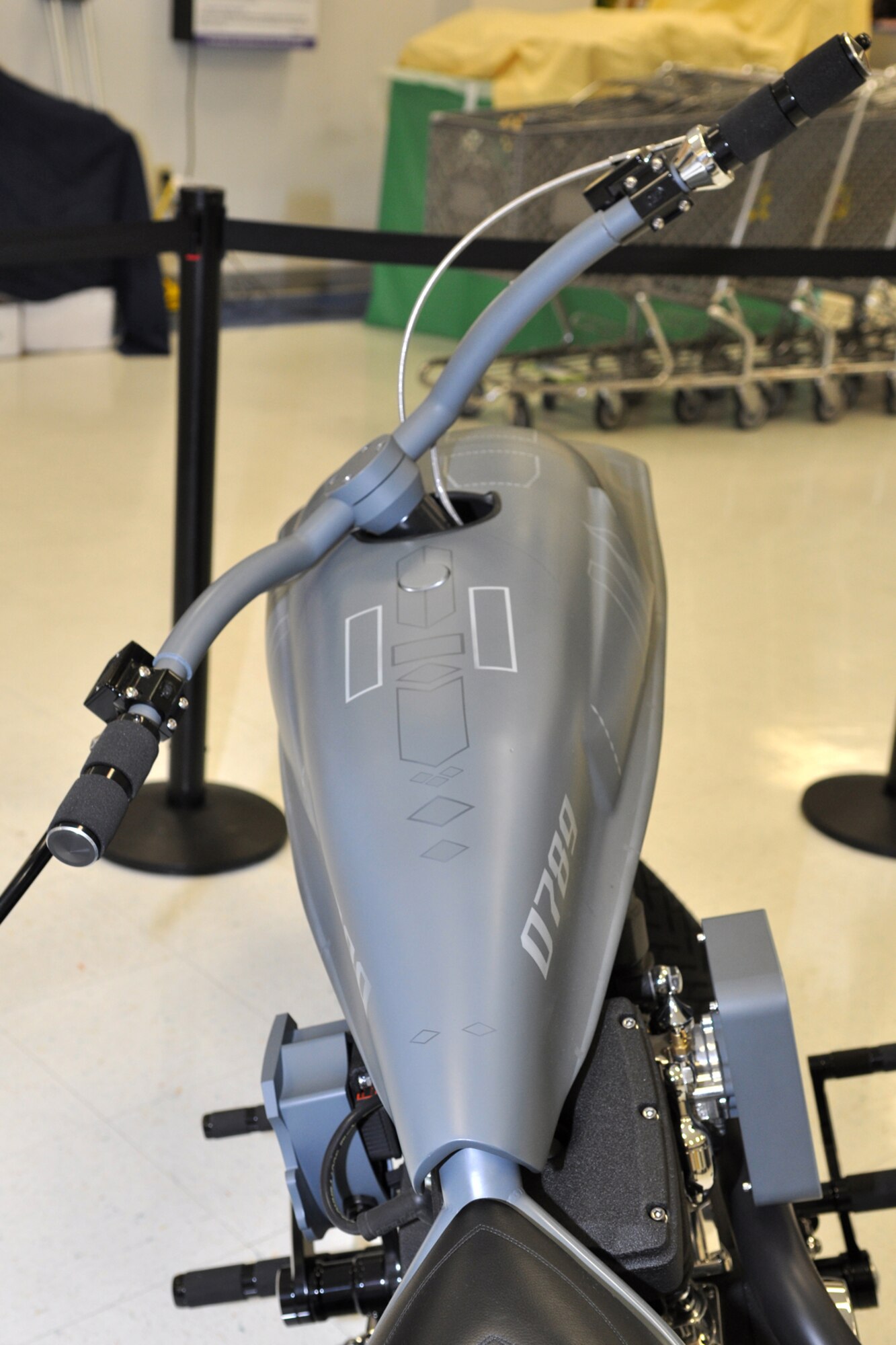 The “B-2 Stealth Bike,” which was designed and built by Orange County Choppers of Newburgh, N. Y., sits on display at the Base Exchange on Barksdale Air Force Base, La., August 12, 2009. Northrop Grumman commissioned the building of the motorcycle to commemorate the anniversary of the first flight of the B-2 Spirit stealth bomber. The bike’s fuel tank resembles the aircraft’s fuselage and is marked with tail number “0789,” which is the date of the first flight of the B-2. The B-2 Stealth Bike will appear at Northrop-sponsored events throughout 2009. (U.S. Air Force photo/Tech. Sgt. Jeff Walston)