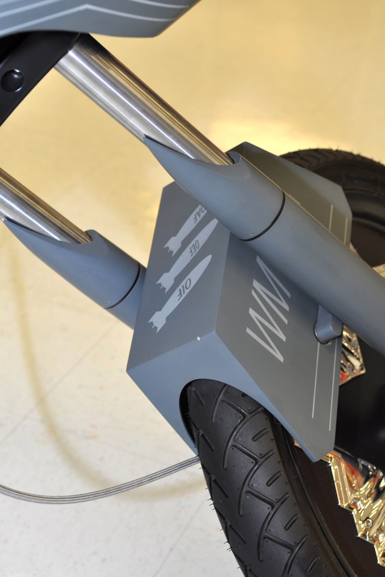 The “B-2 Stealth Bike,” which was designed and built by Orange County Choppers of Newburgh, N. Y., sits on display at the Base Exchange on Barksdale Air Force Base, La., August 12, 2009. Northrop Grumman commissioned the building of the motorcycle to commemorate the anniversary of the first flight of the B-2 Spirit stealth bomber. The B-2 Stealth Bike will appear at Northrop-sponsored events throughout 2009. (U.S. Air Force photo/Tech. Sgt. Jeff Walston)
