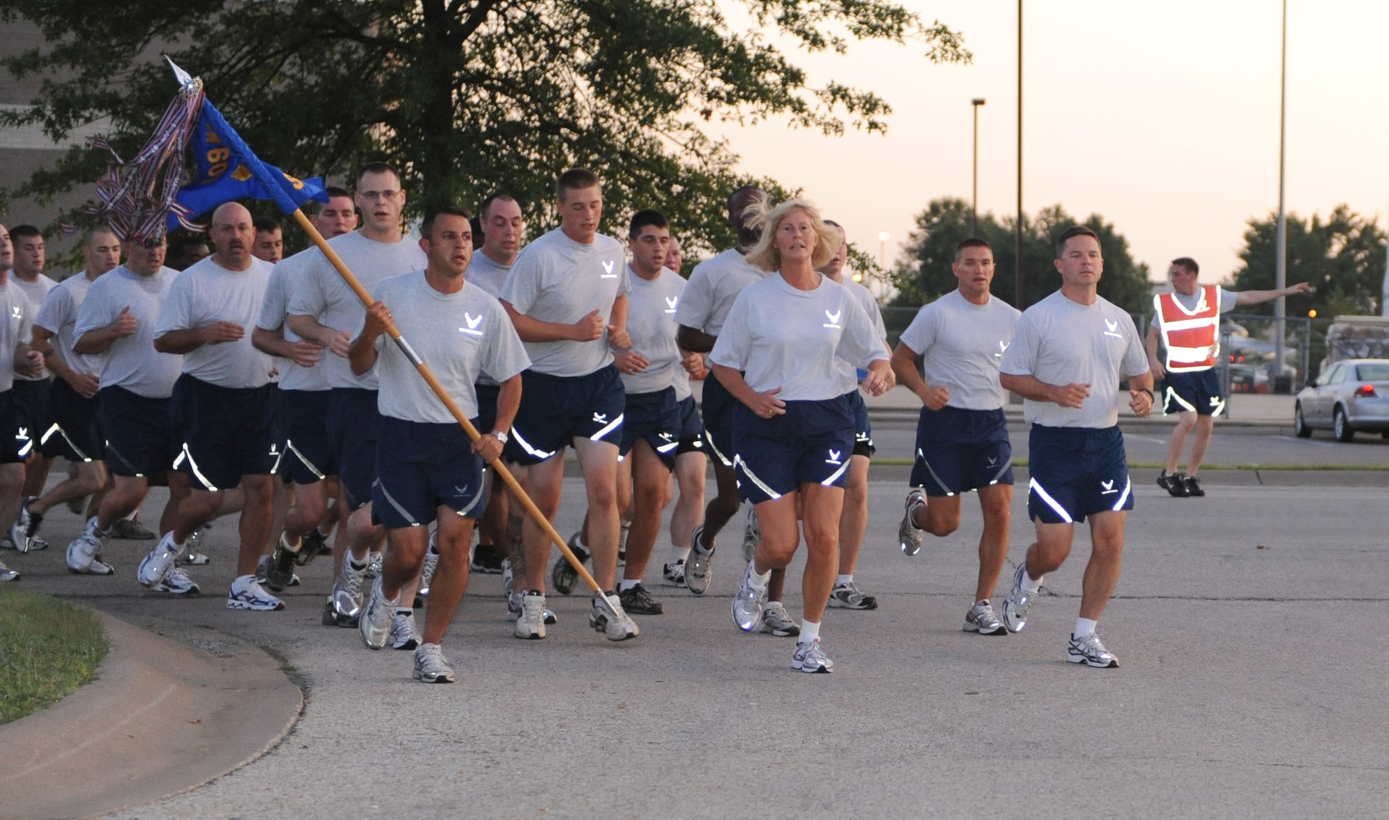 WHITEMAN AIR FORCE BASE, Mo. – Maj. Gen. Mary Kay Hertog, Director of Security Forces, Headquarters, USAF, runs with the 509th Security Forces Squadron for morning physical training, Aug12. General Hertog is visiting Whiteman for flight orientation and to see the overall mission of Whiteman.( U.S. Air Force photo/Airman First Class Carlin Leslie)