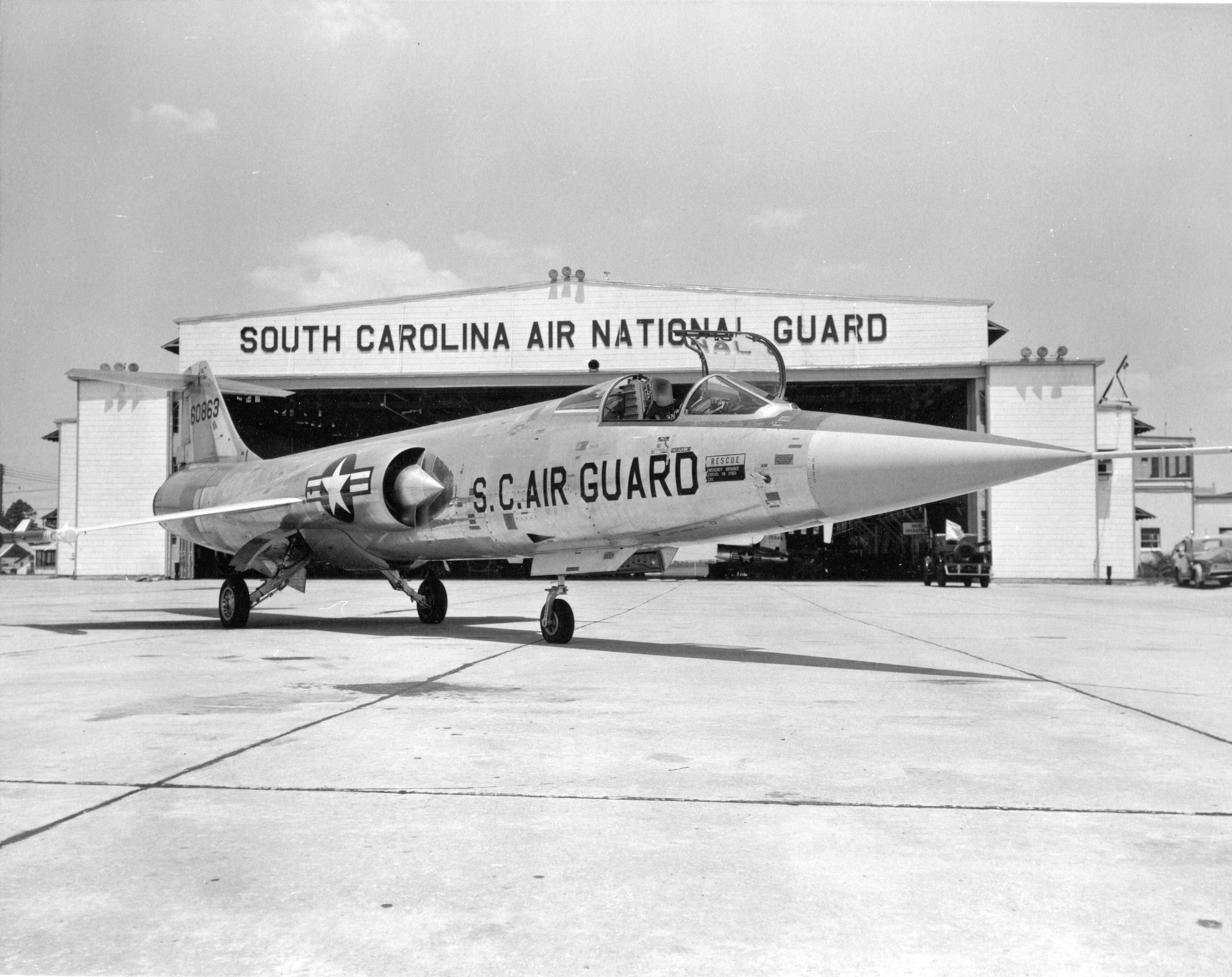 F-104 fighter on the ramp at the South Carolina Air National Guard Base, Congaree Air Field.  1960's era photo.