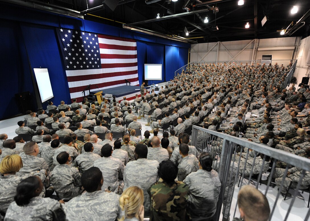 LANGLEY AIR FORCE BASE, Va. -- Airmen attend a commander's call by Col. Matthew H. Molloy, 1st Fighter Wing commander, Aug. 12.  Colonel Molloy spoke with Airmen about the wing’s mission and vision, his expectations and personal values, as well as upcoming wing events.  (U.S. Air Force photo/Senior Airman Victor Schad)
