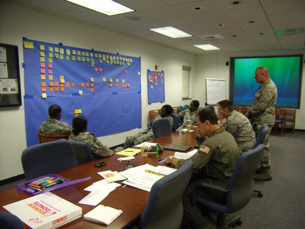 Members of the 315th Airlift Wing, Charleston Air Force Base, S.C., AFSO21 (Air Force Smart Operations for the 21st Century) team work to improve the Family Care Program during a meeting held last week. (Courtesy photo) 