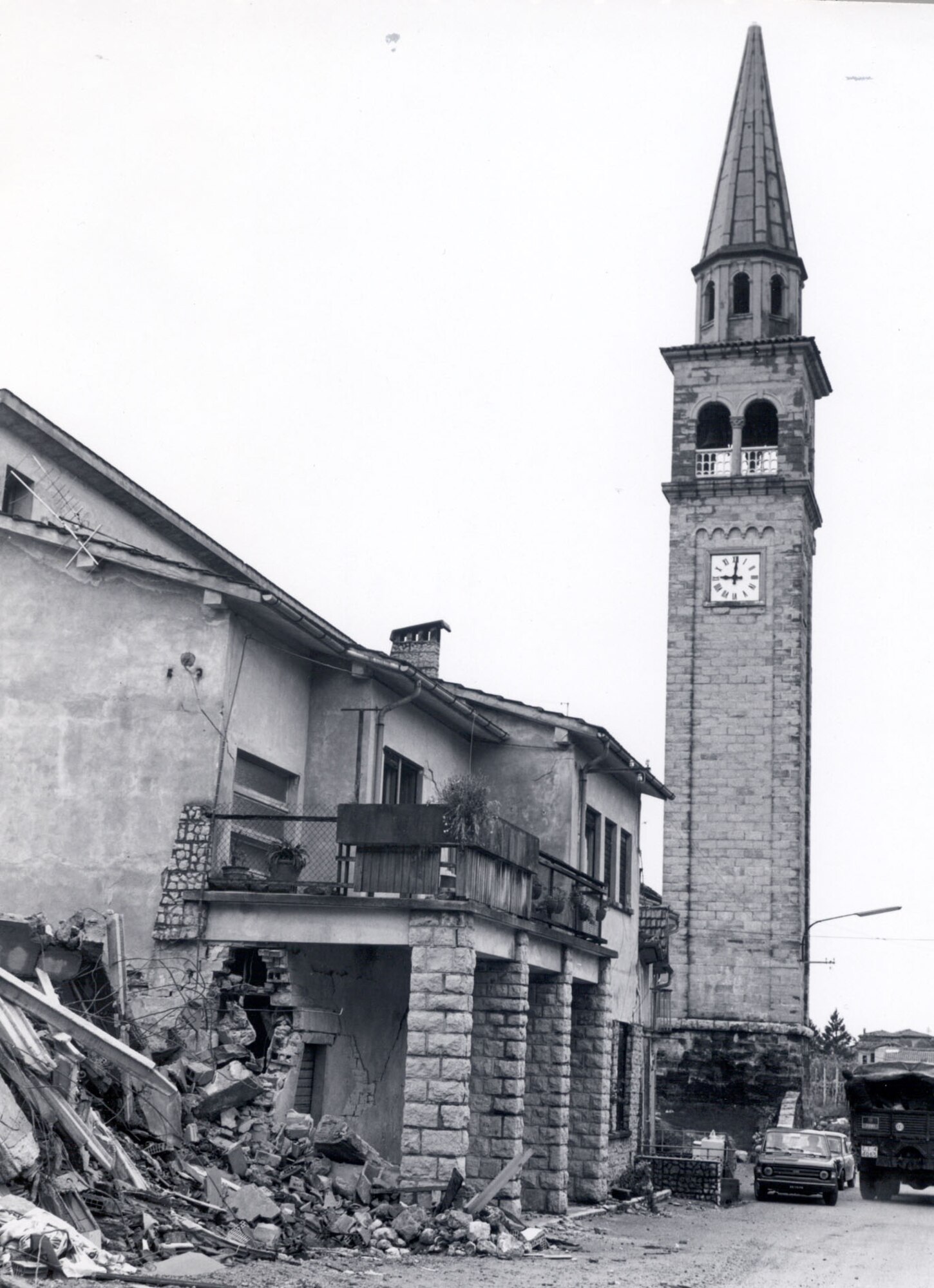 The steeple clock in Forgaria nel Friuli, Italy, displayed the time 9:01 following the May 6, 1976, earthquake that devasted northern Italy.  The clock mechanism was disabled during the quake.  (U.S. Air Force photo)
