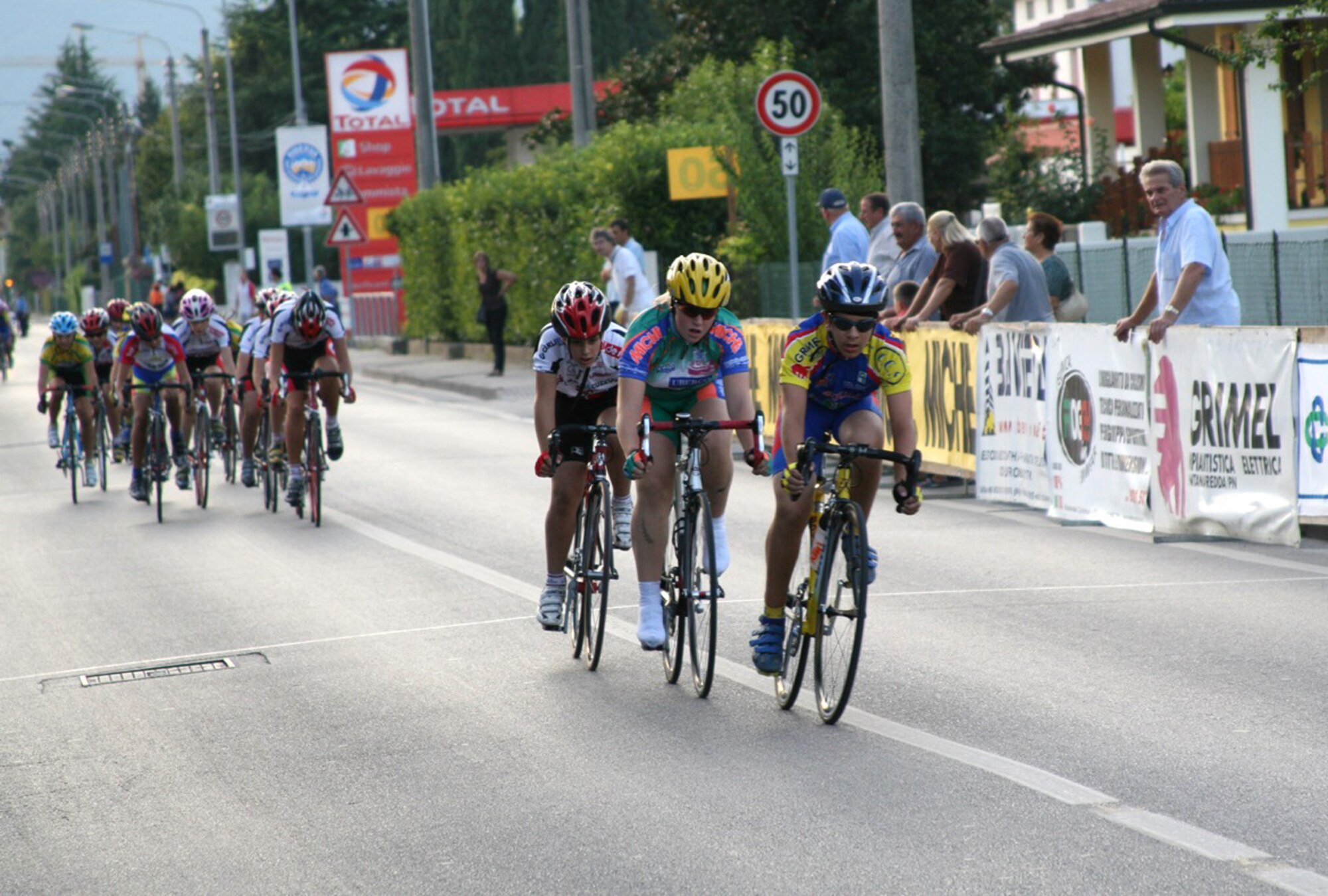 Tyler Tangen, son of Master Sgt. Richard Tangen, 31st Medical Support Squadron, takes the lead after the first lap of the Notturna dell 'Assunta Trofeo B.C.C. Pordenonese race Aug. 7 in Vigonovo, Italy. The event was a scratch style race, which is a high paced race with a sprint finish. Tyler, a member of the Societa Ciclistica Fontanafredda youth bicycle team, took second place in the G-6 (11-year-old) category. (U.S. Air Force photo/Master Sgt. Levi Sandoval)