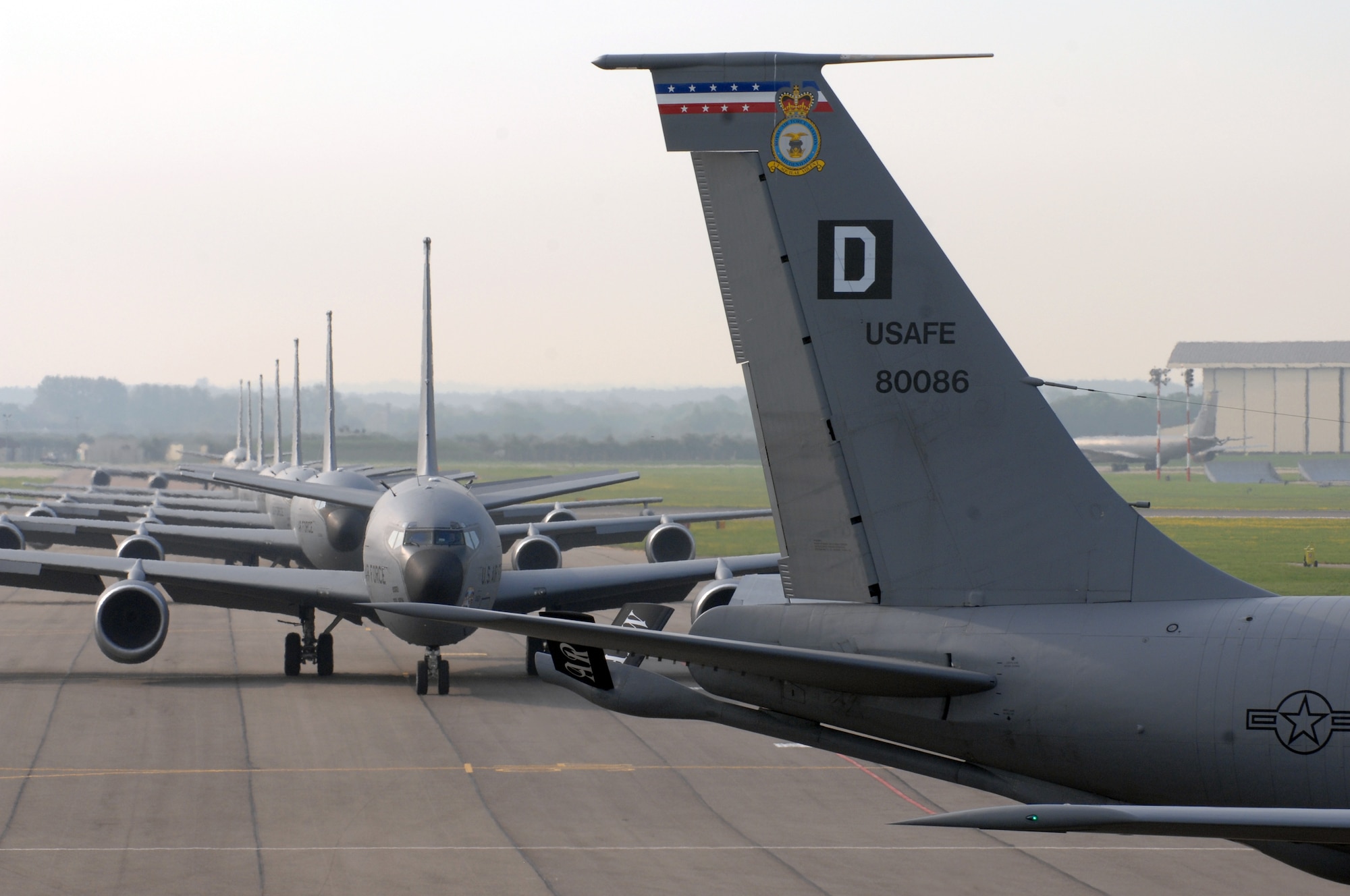 RAF MILDENHALL, England -- The tail of 100th Air Refueling Wing KC-135s bear unique markings making them immediately identifiable from other Stratotankers.  The Box D and base shield are each 48 inches tall, and are created by Airmen at the corrosion control shop.  (U.S. Air Force photo by Senior Airman Teresa Hawkins)