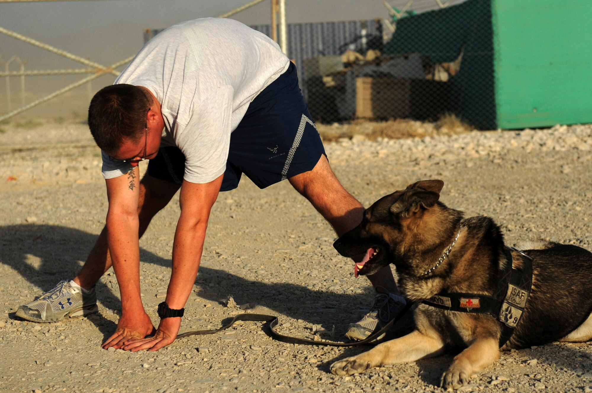 BAGRAM AIRFIELD, Afghanistan - Staff Sgt. Justin Kitts stretches with his German shepherd, Mayo, Aug. 9. Sergeant Kitts an eight-year Air Force veteran, is a dog handler with the 455th Expeditionary Security Forces Squadron and is deployed from Luke Air Force Base, Ariz. He and his dog patrol the base and inspect mail, luggage, and vehicles for narcotics. (U.S. Air Force photo/Staff Sgt. J.G. Buzanowski)