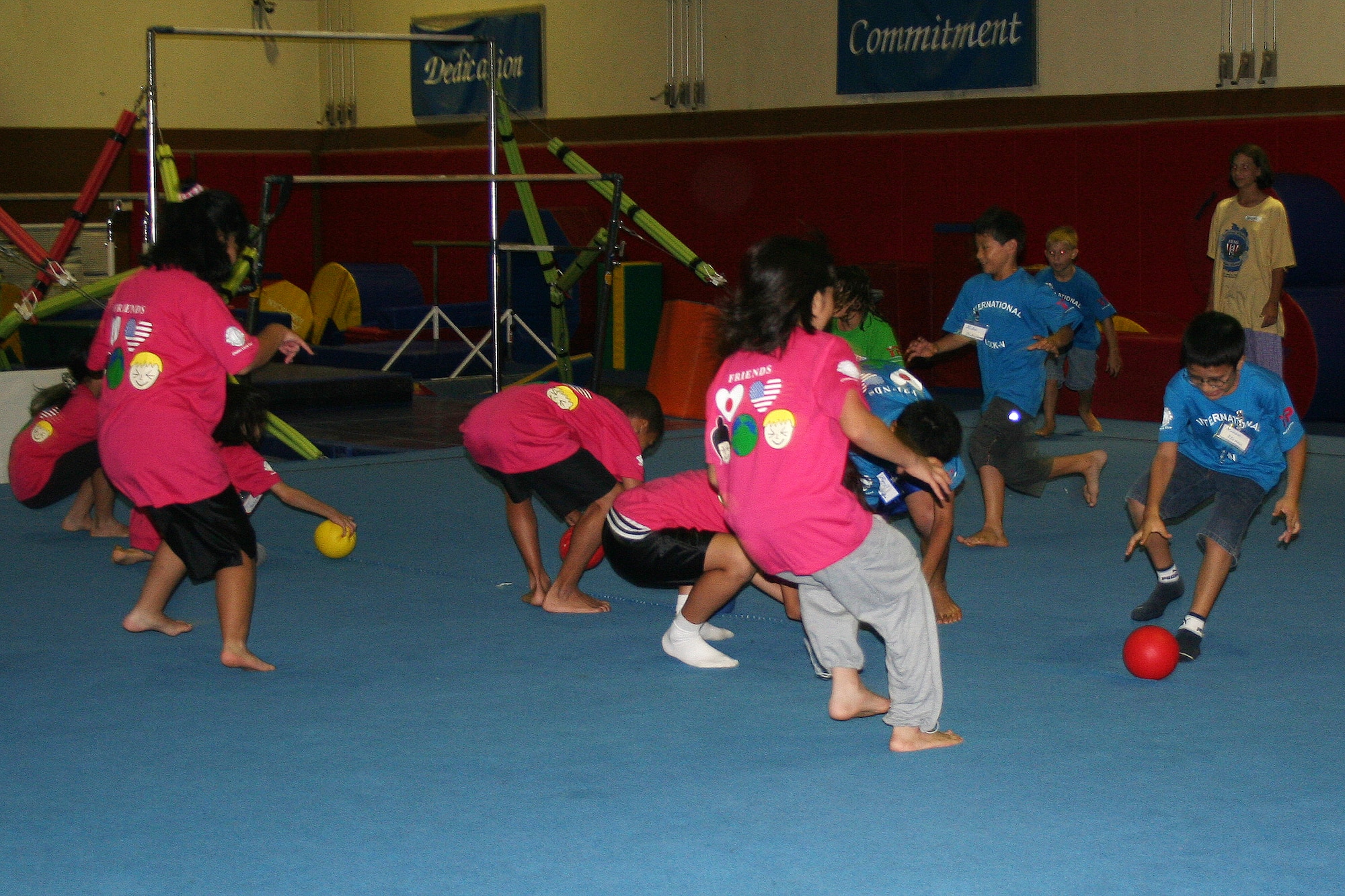American and Okinawan children play a game of dodgeball at the Kadena Youth Center during the International Youth Lock-in August 8. The children spent the night playing games, sampling American and Japanese cuisine and making new friends.  (Courtesy photo)   