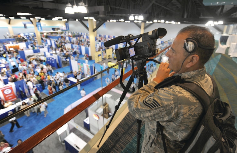 U.S. Air Force Tech. Sgt. Henry Guardado, a videographer with the 4th Combat Camera Squadron, documents the activities during the 2009 LULAC Convention. LULAC is the nation’s oldest and largest Hispanic organization and has been advocating for Latinos in the United States for 80 years. (U.S. Air Force photo by Tech. Sgt. Efren Lopez)